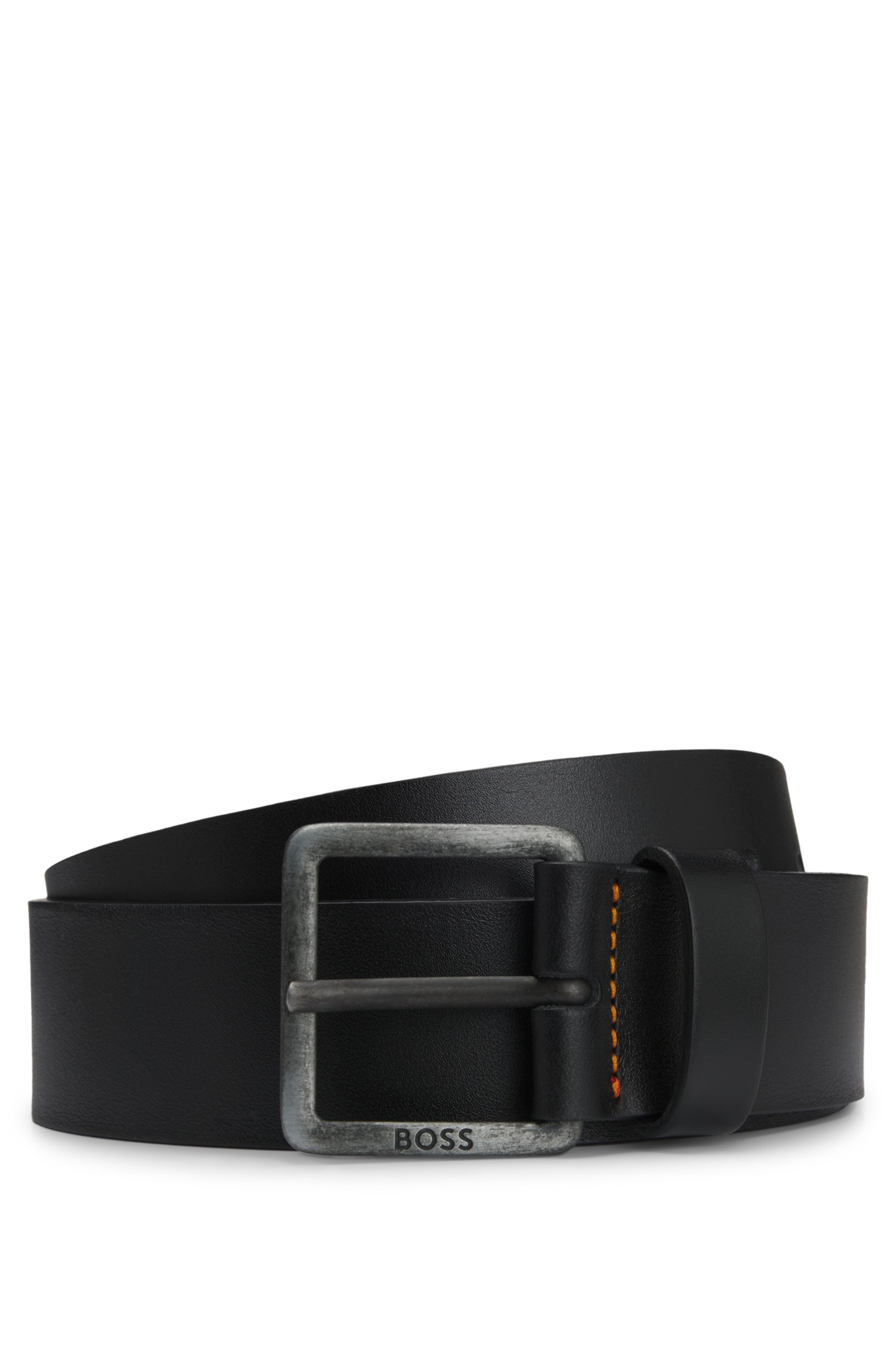 Leather belt with logo buckle