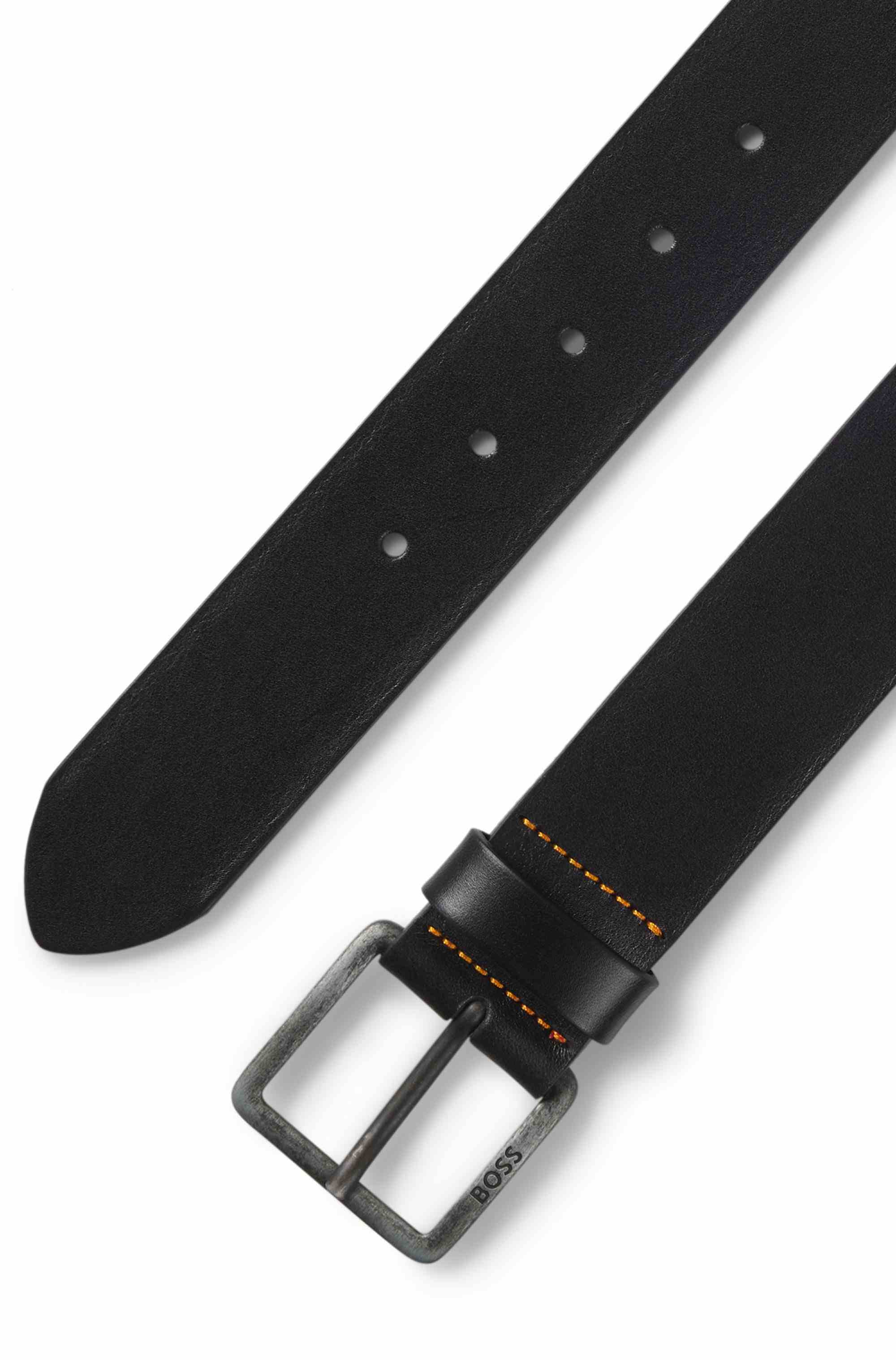 Leather belt with logo buckle