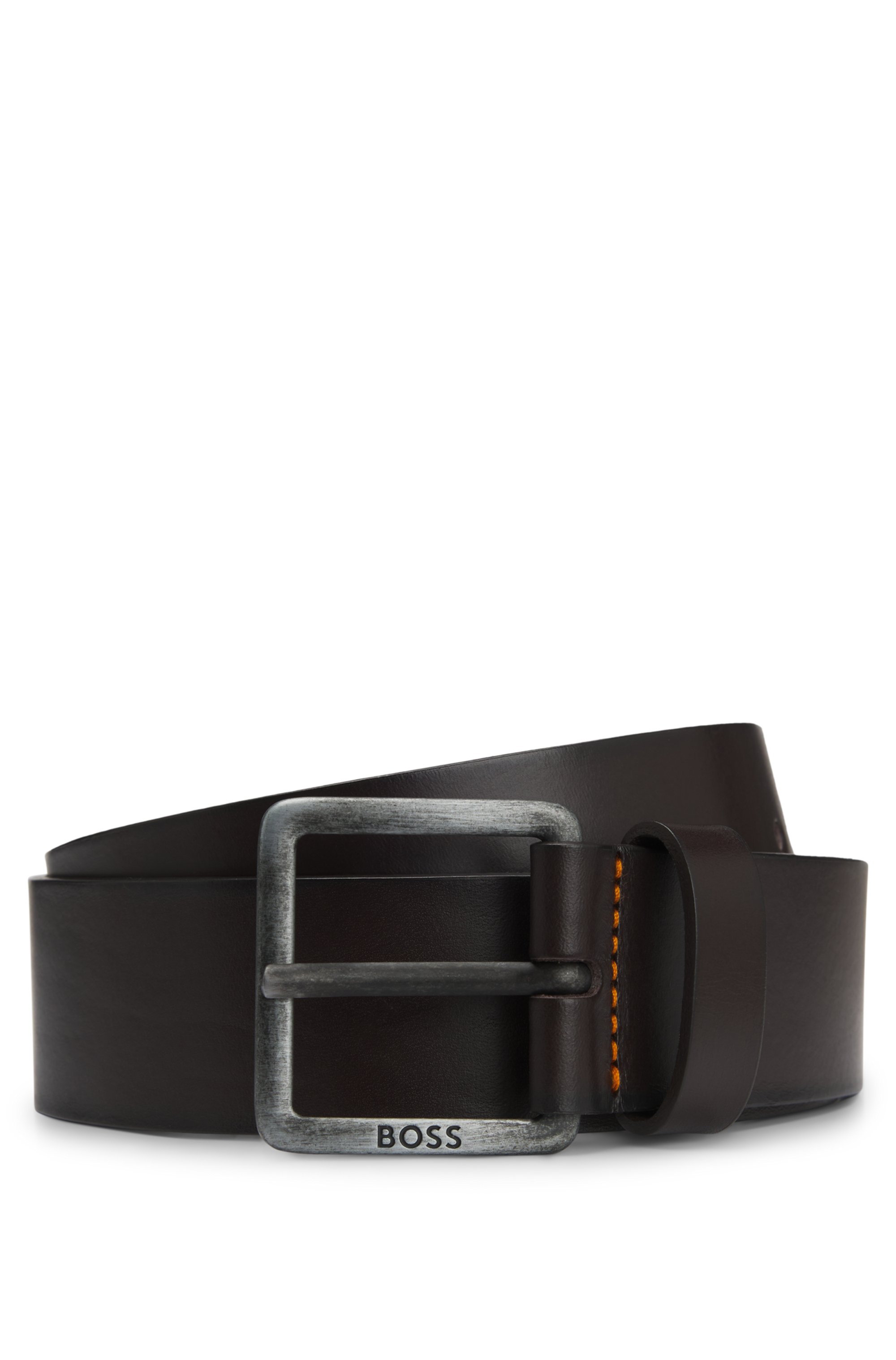Leather belt with logo buckle