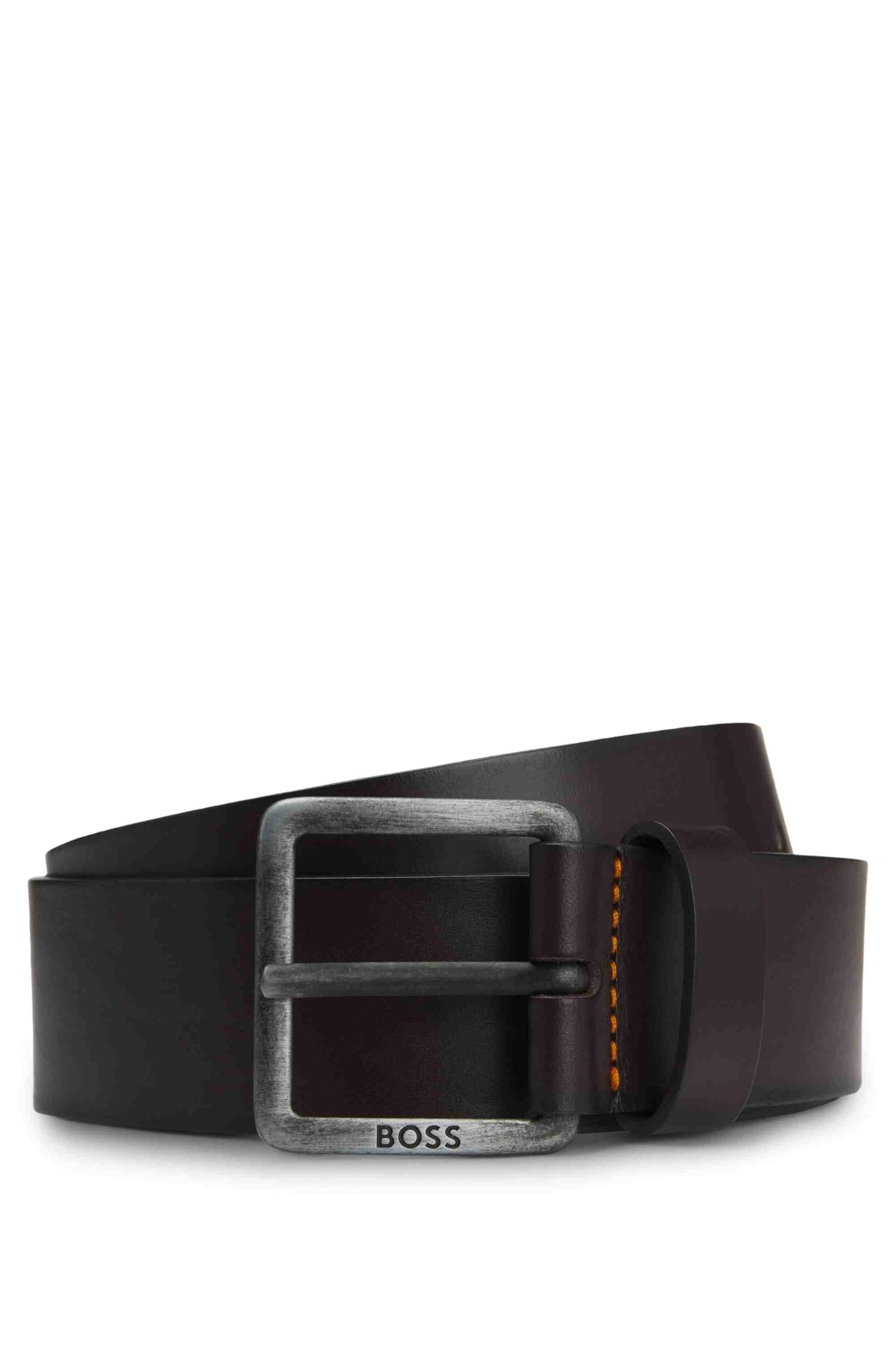 Leather belt with logo buckle