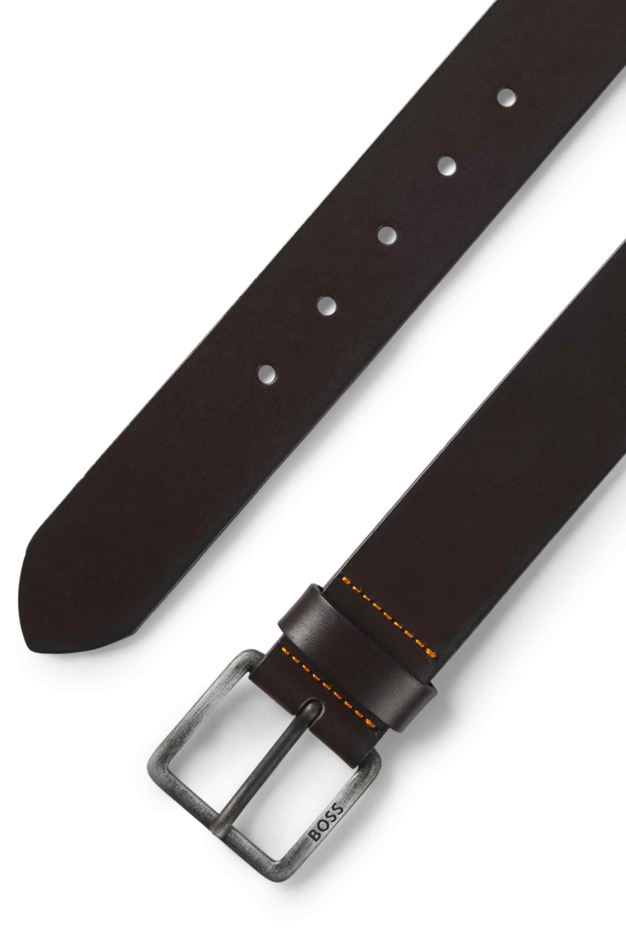 Leather belt with logo buckle