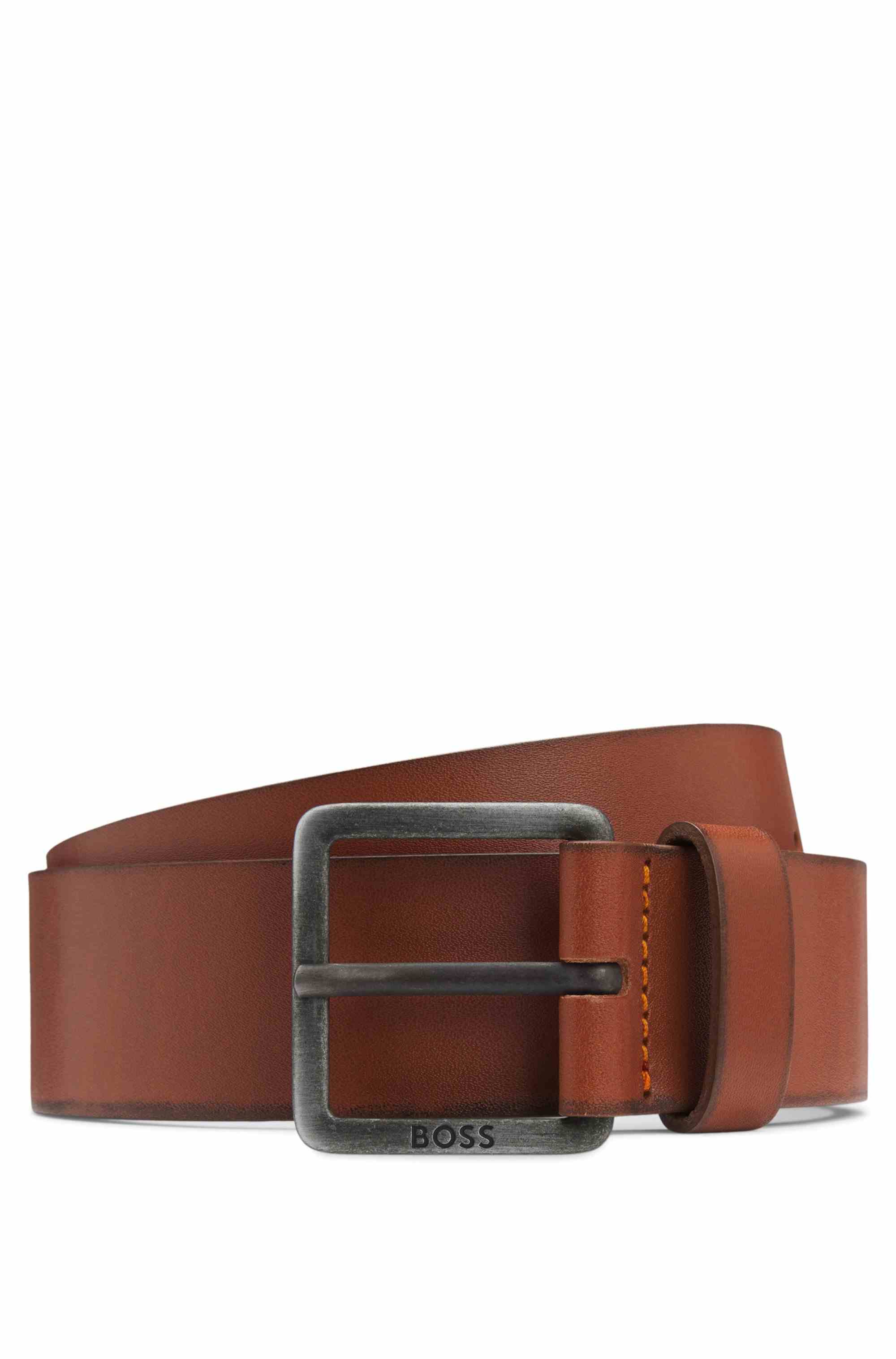 Leather belt with logo buckle