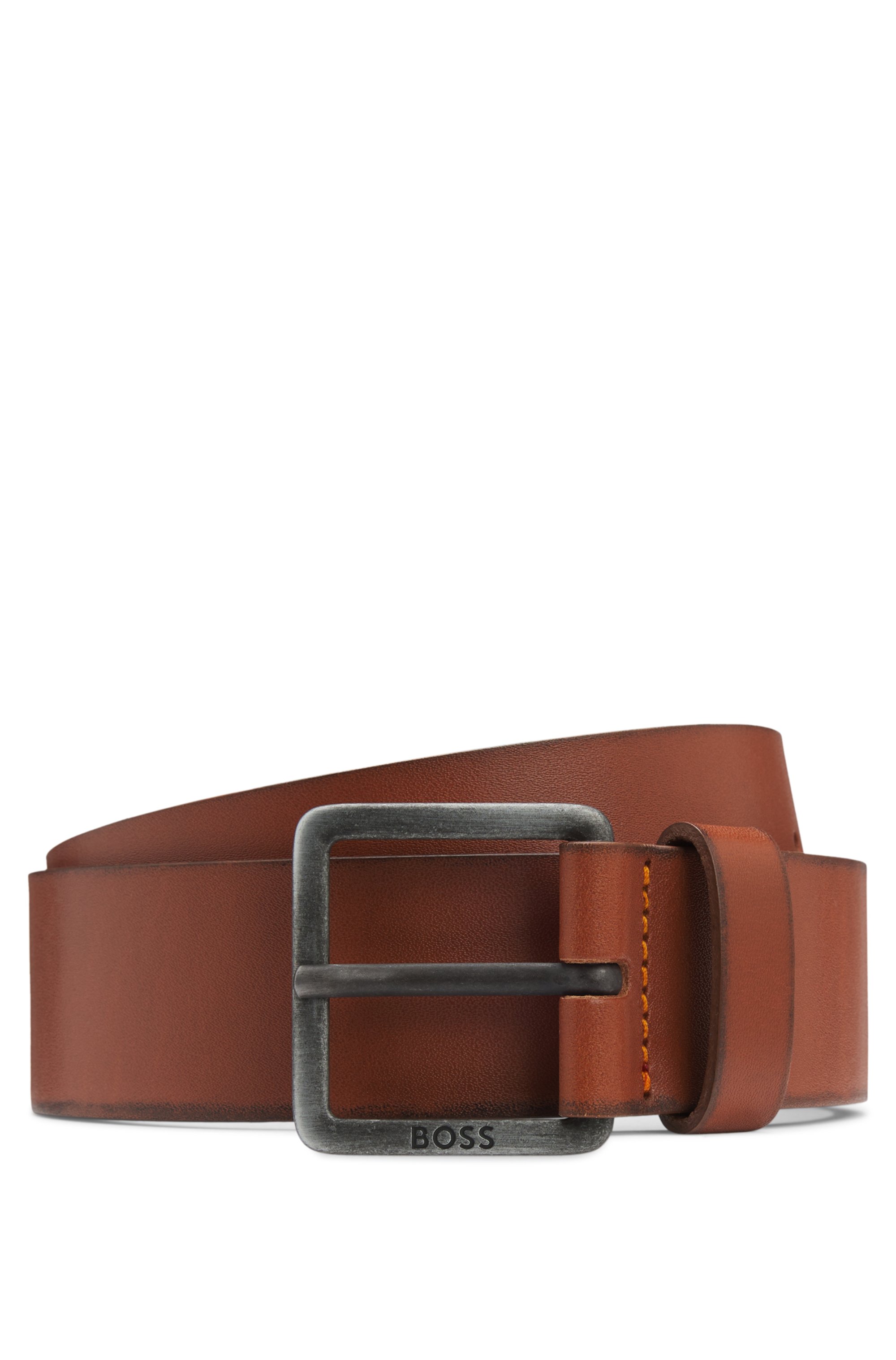 Leather belt with logo buckle