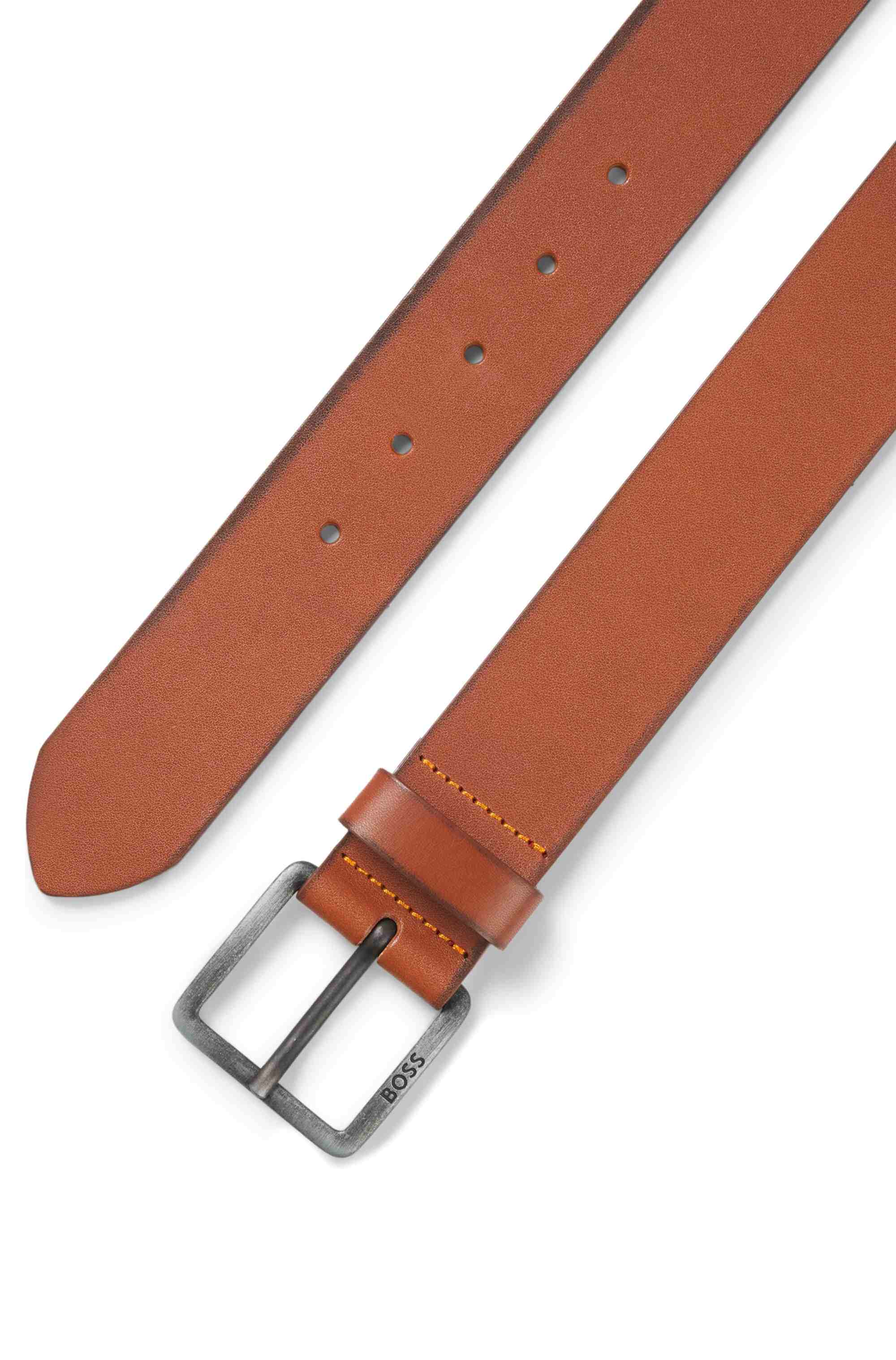 Leather belt with logo buckle