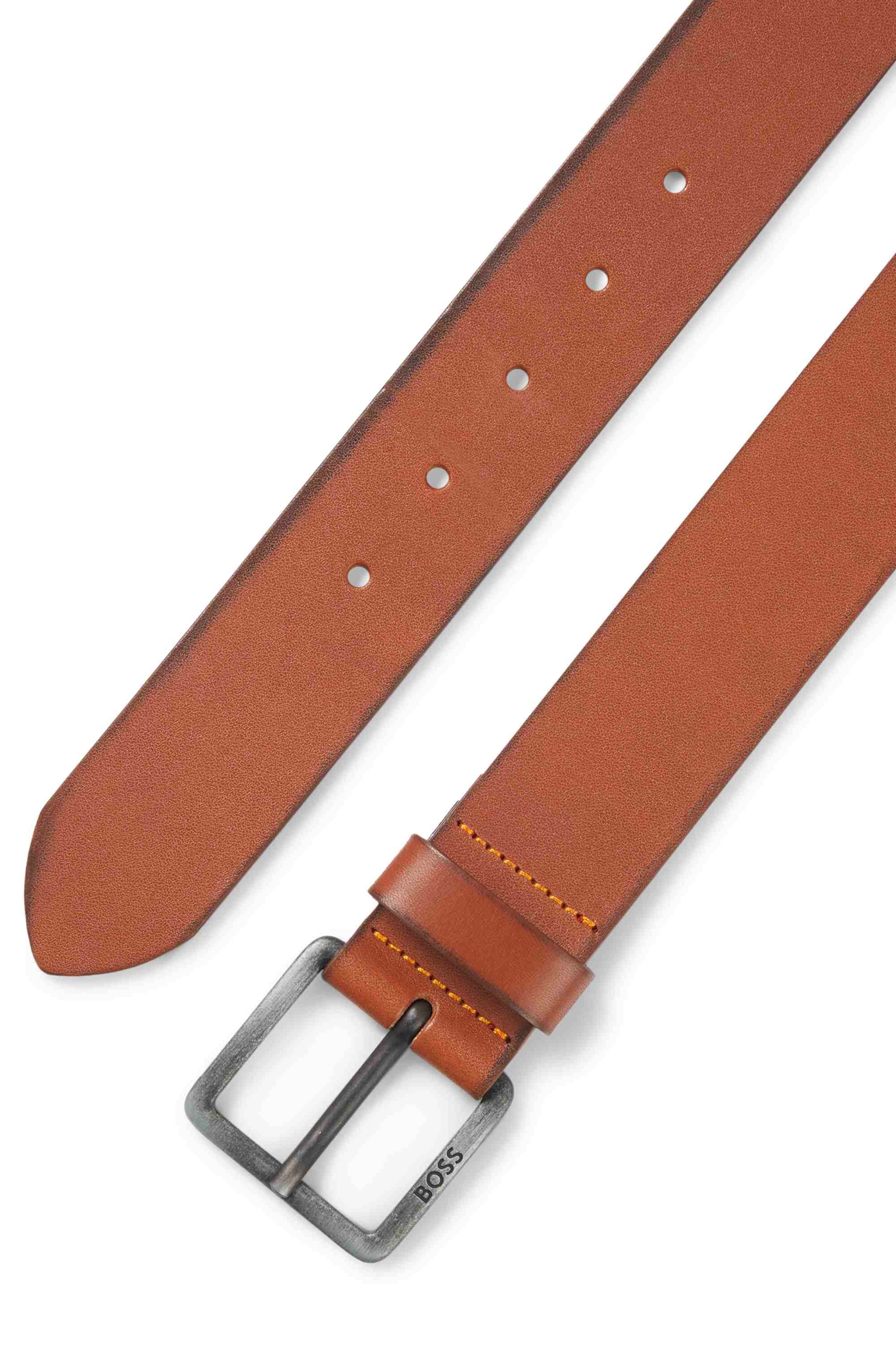 Leather belt with logo buckle