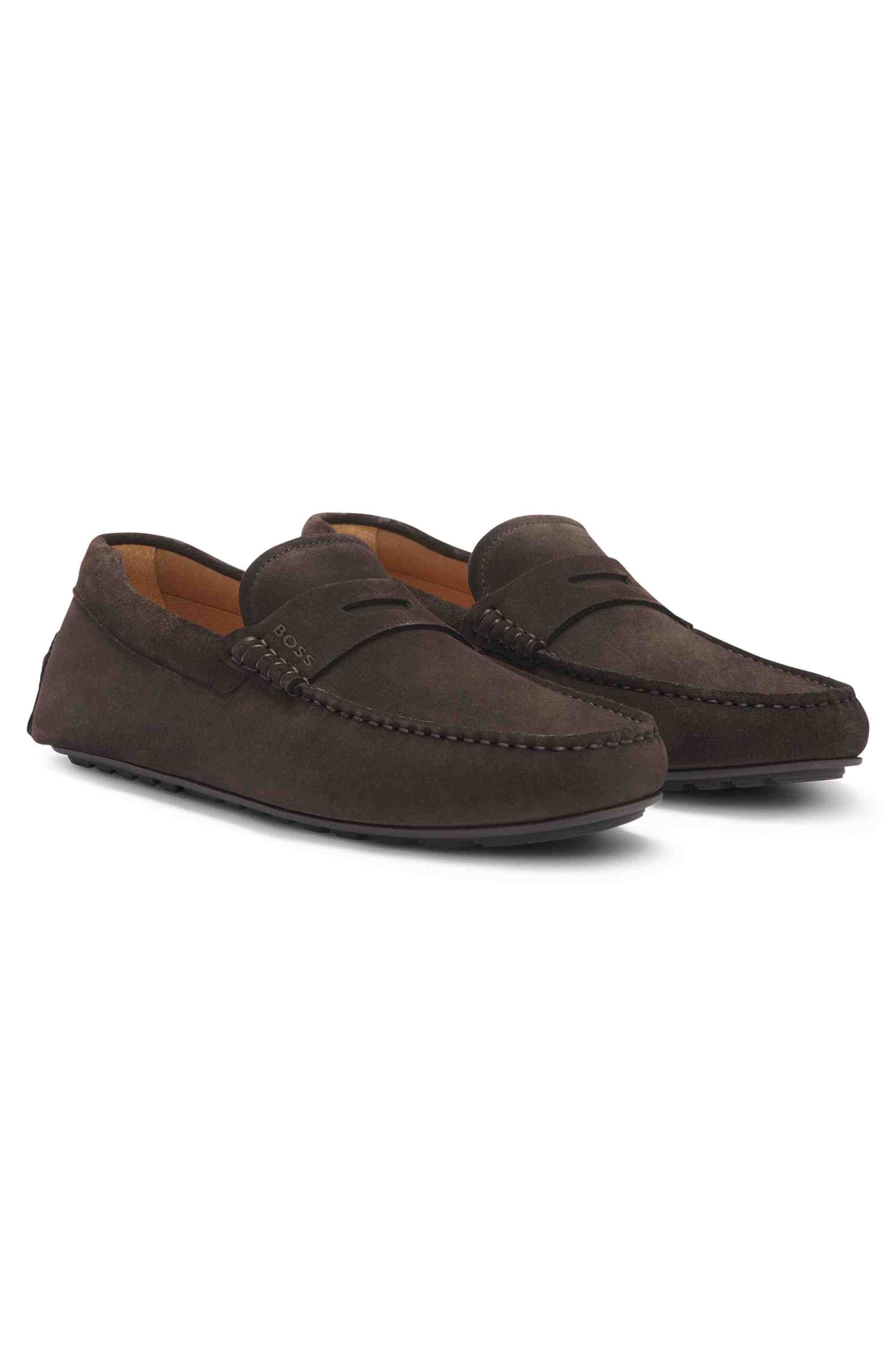 Suede moccasins with penny trim