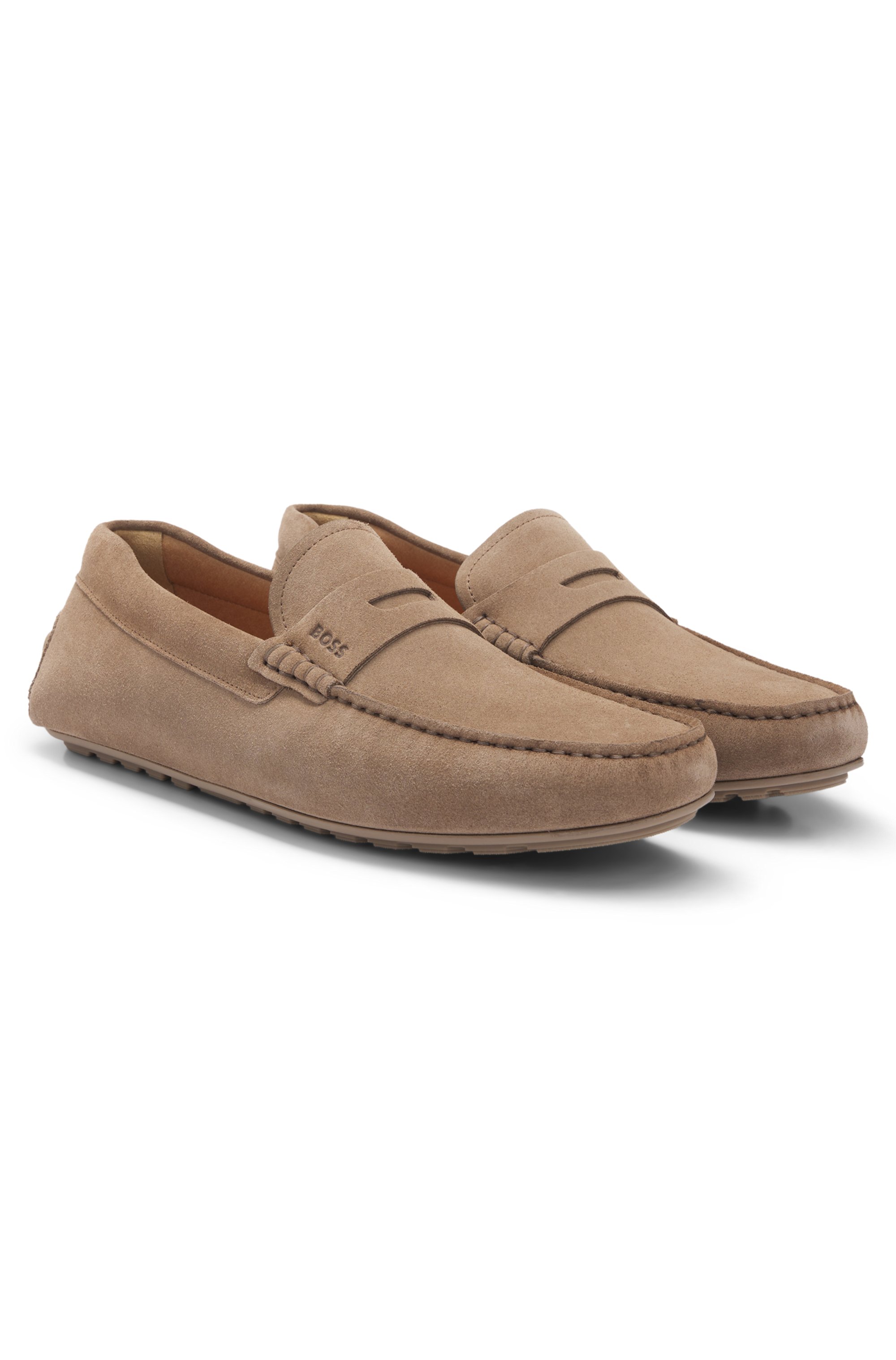 Portuguese-crafted moccasin loafers in suede with penny trim