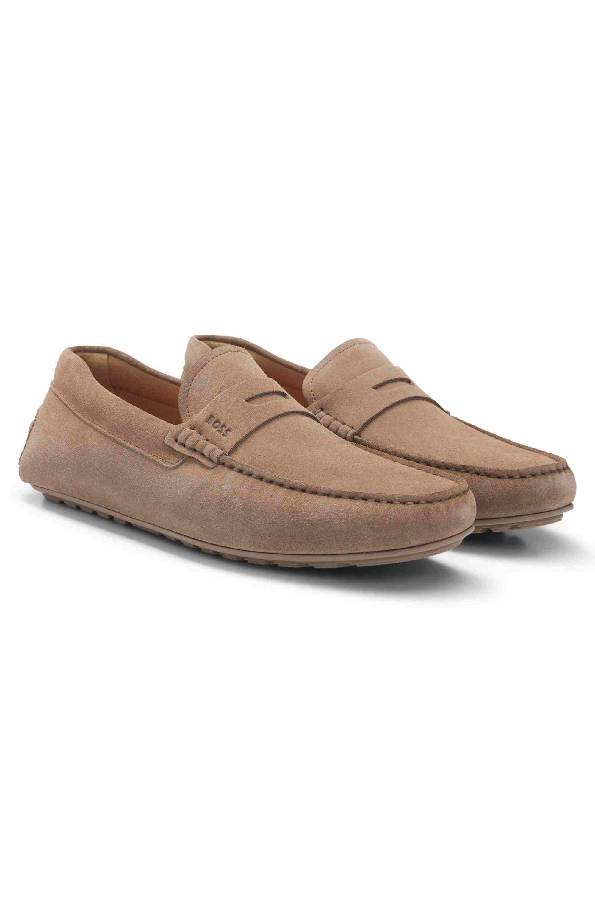 Portuguese-crafted moccasin loafers in suede with penny trim