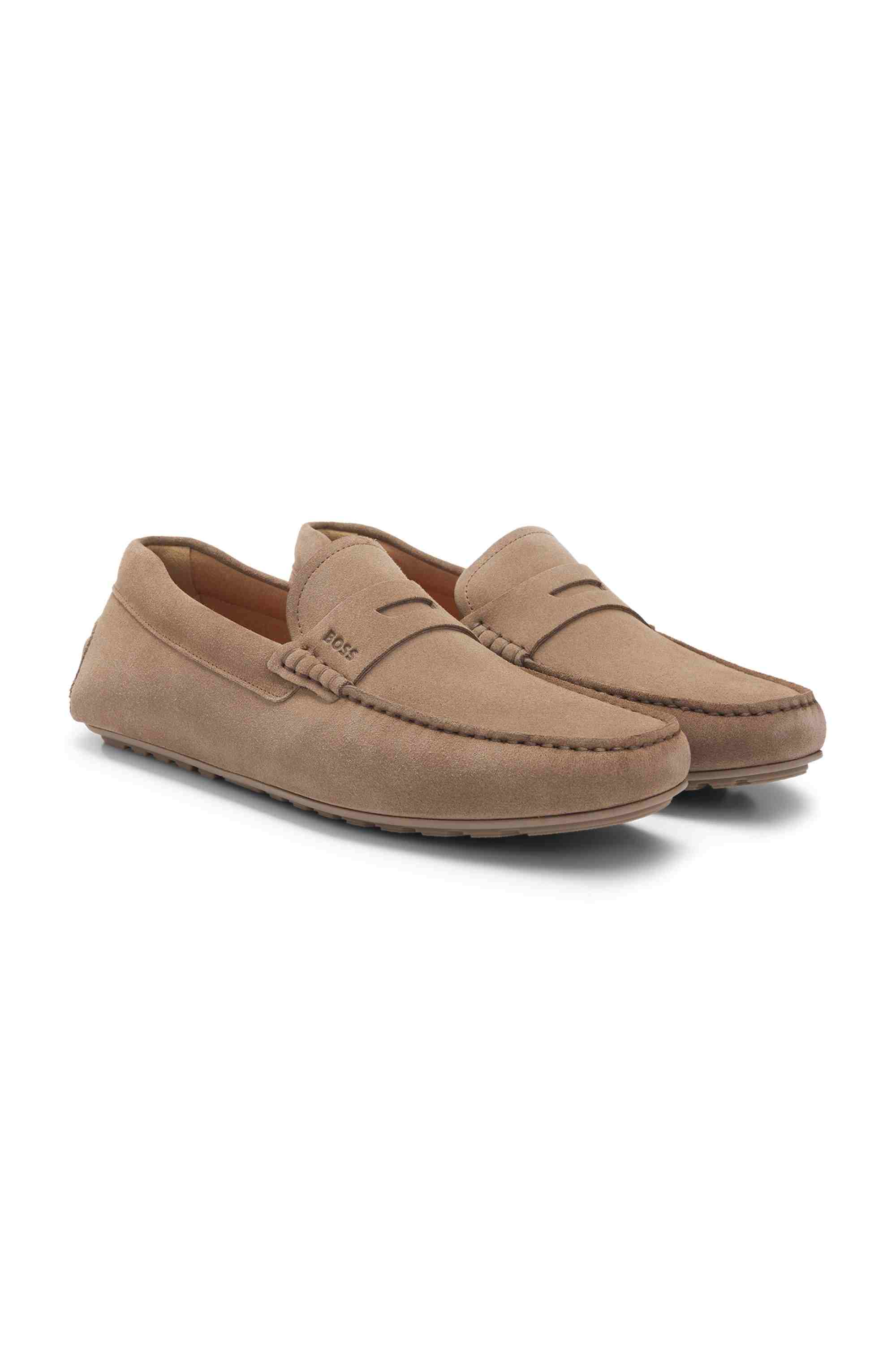Portuguese-crafted moccasin loafers in suede with penny trim