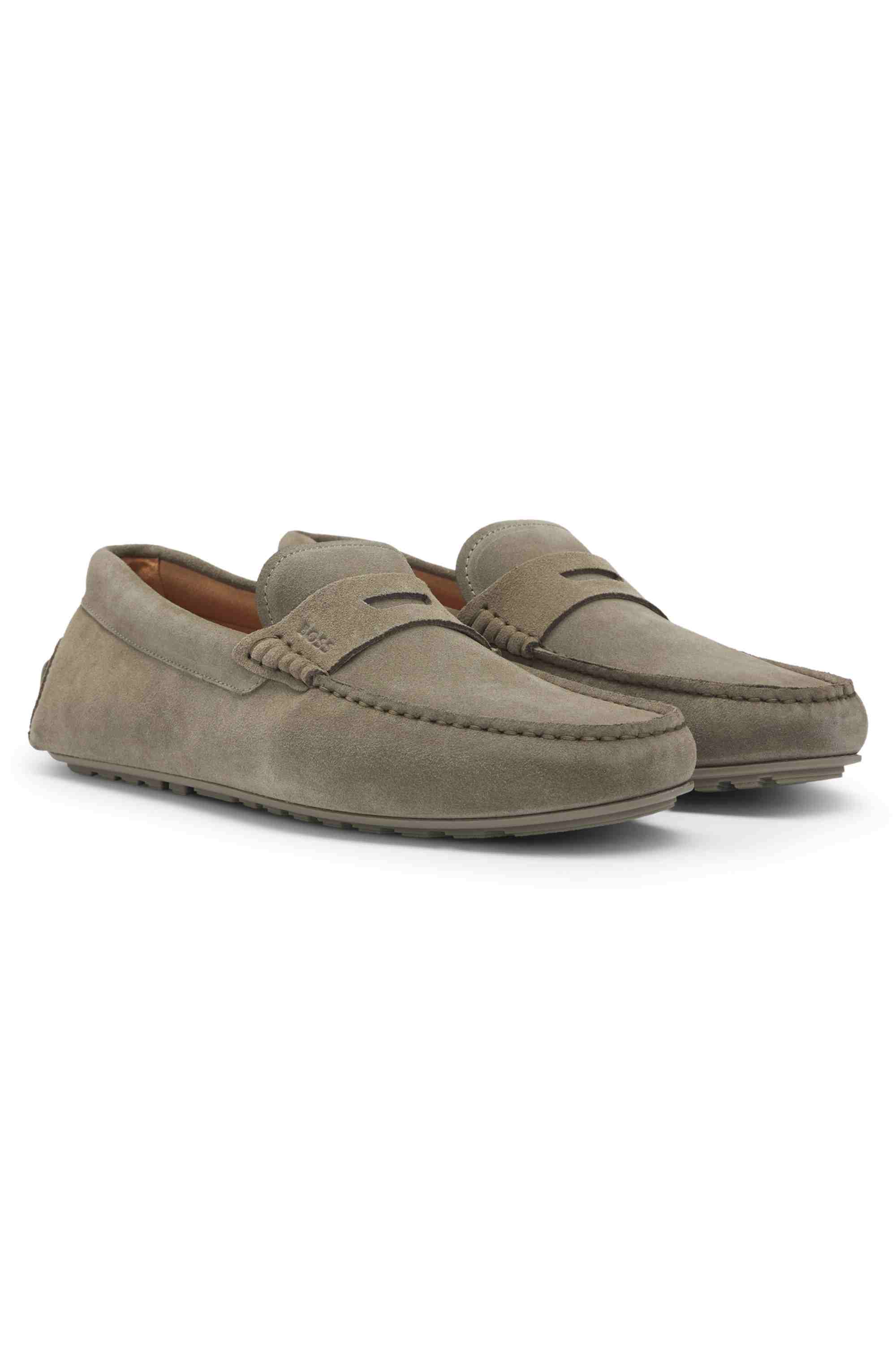 Portuguese-crafted moccasin loafers in suede with penny trim