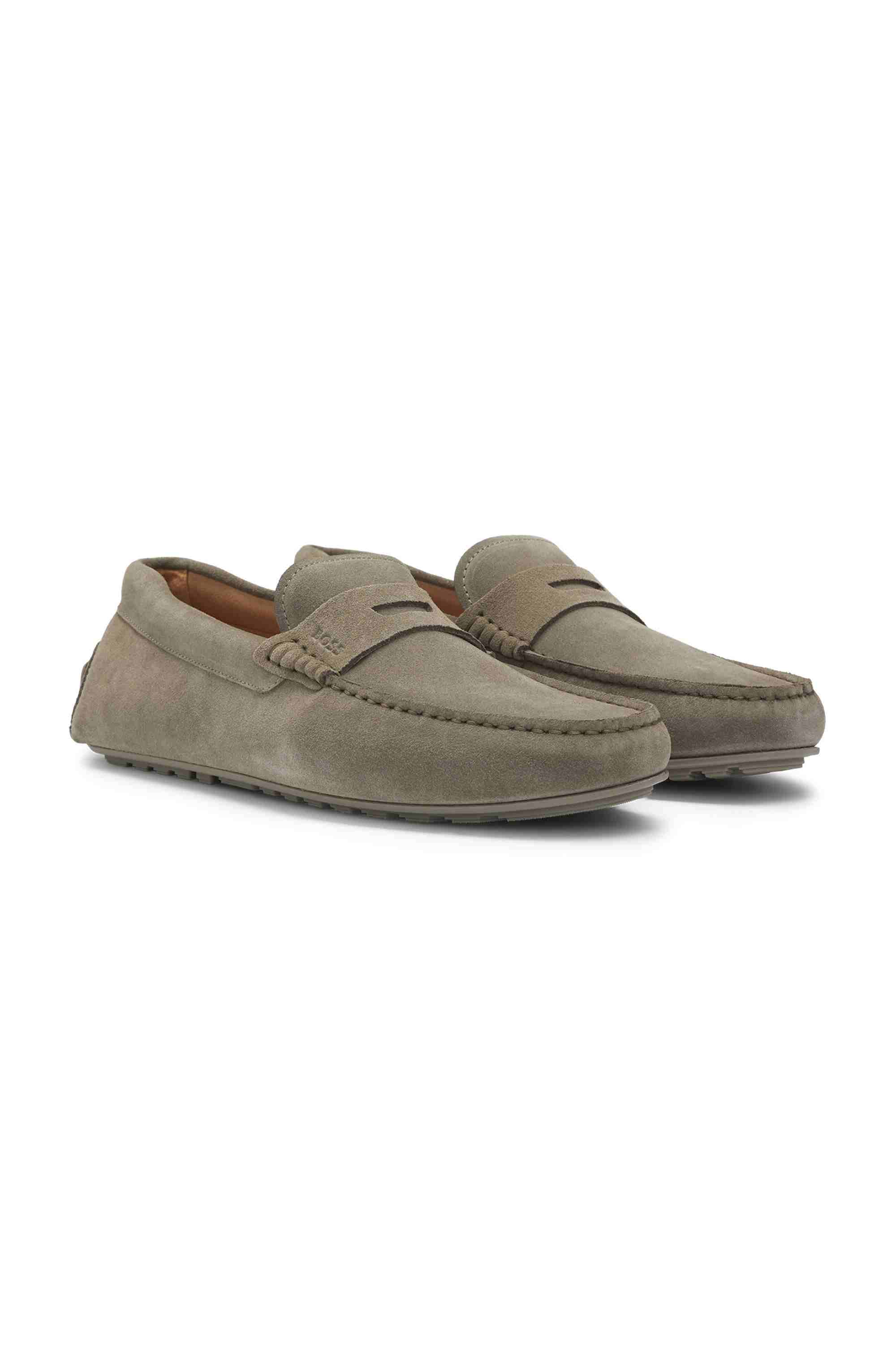 Portuguese-crafted moccasin loafers in suede with penny trim