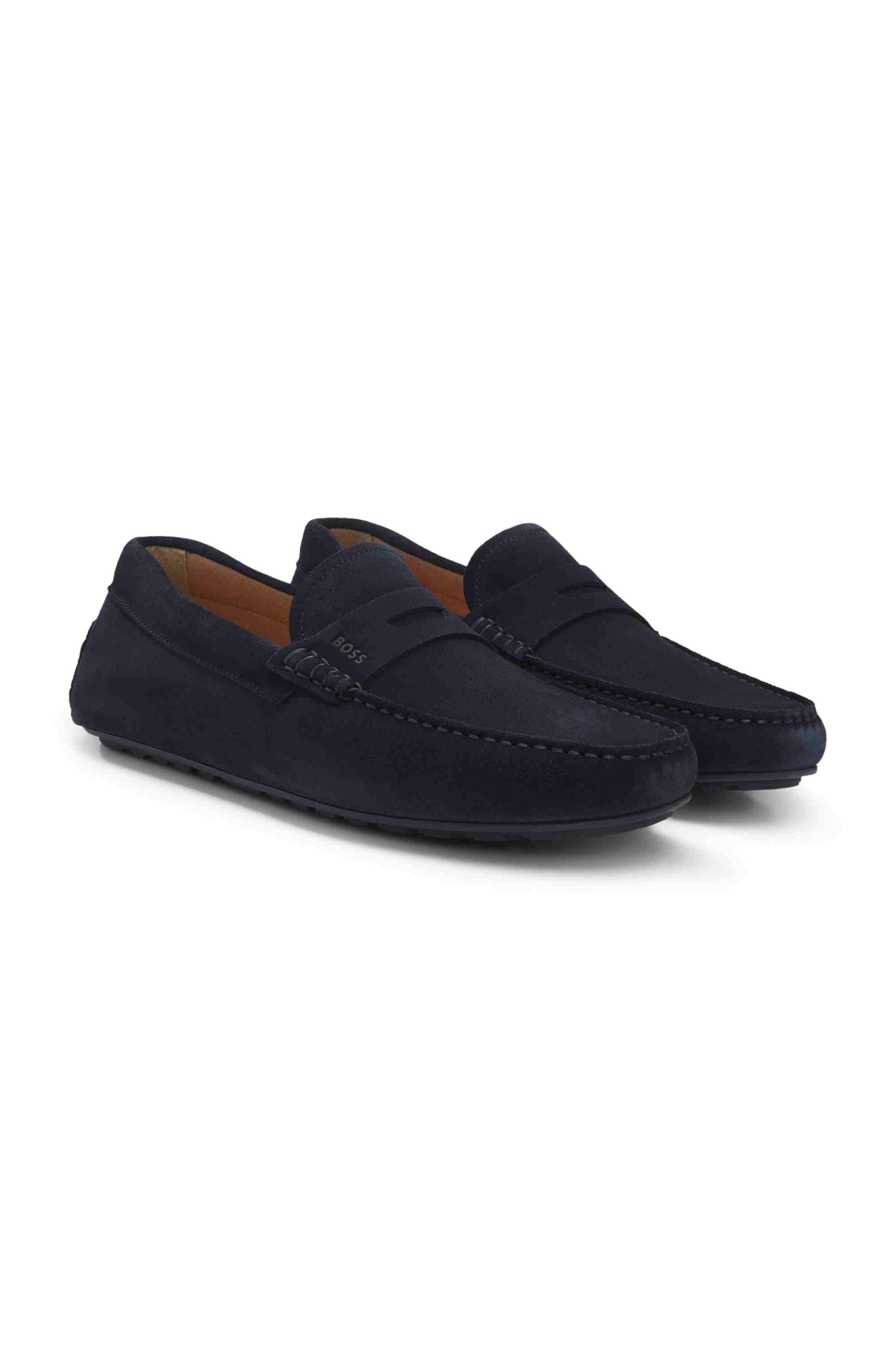 Portuguese-crafted moccasin loafers in suede with penny trim
