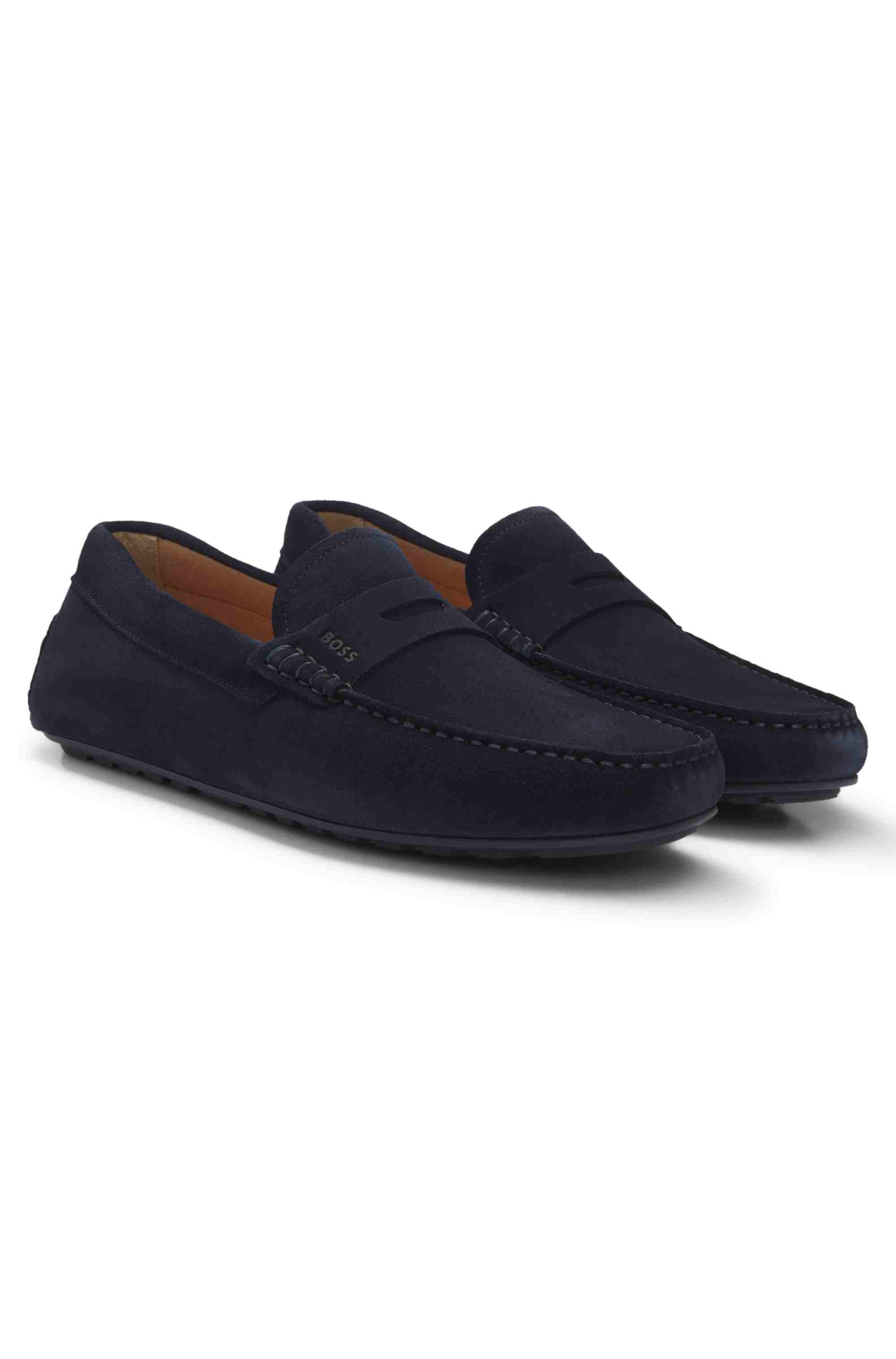 Portuguese-crafted moccasin loafers in suede with penny trim