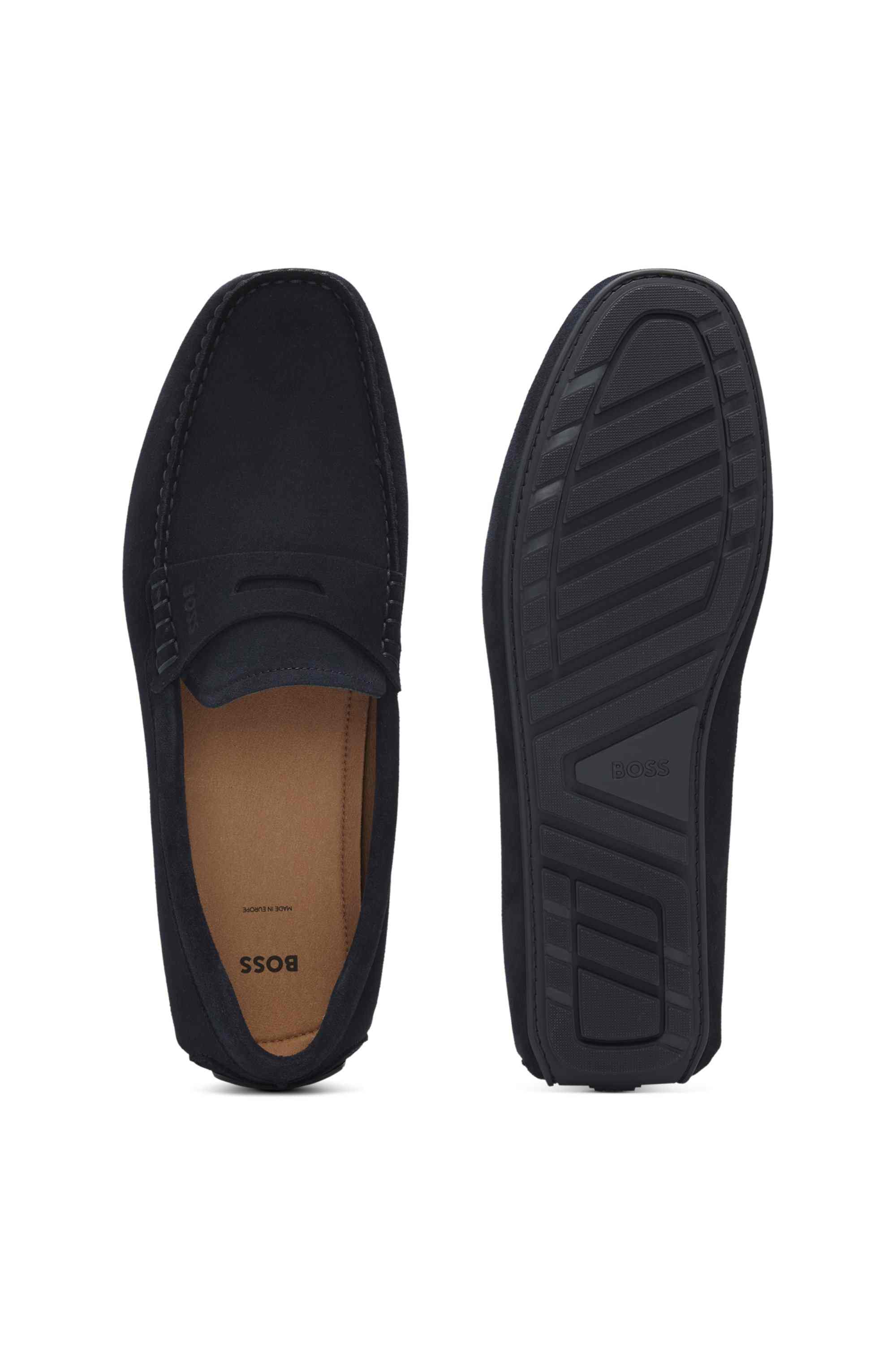 Suede moccasins with penny trim