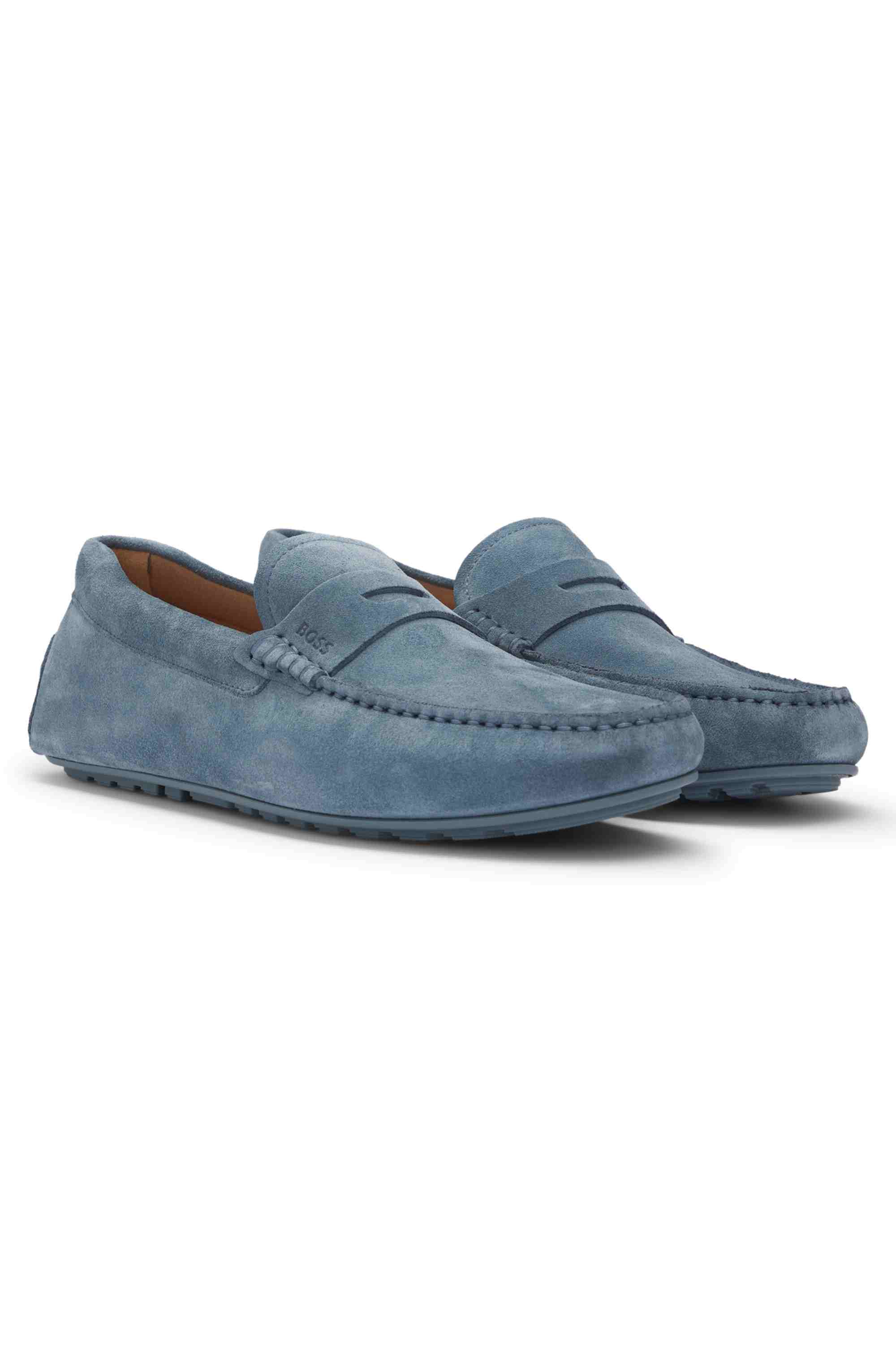 Portuguese-crafted moccasin loafers in suede with penny trim