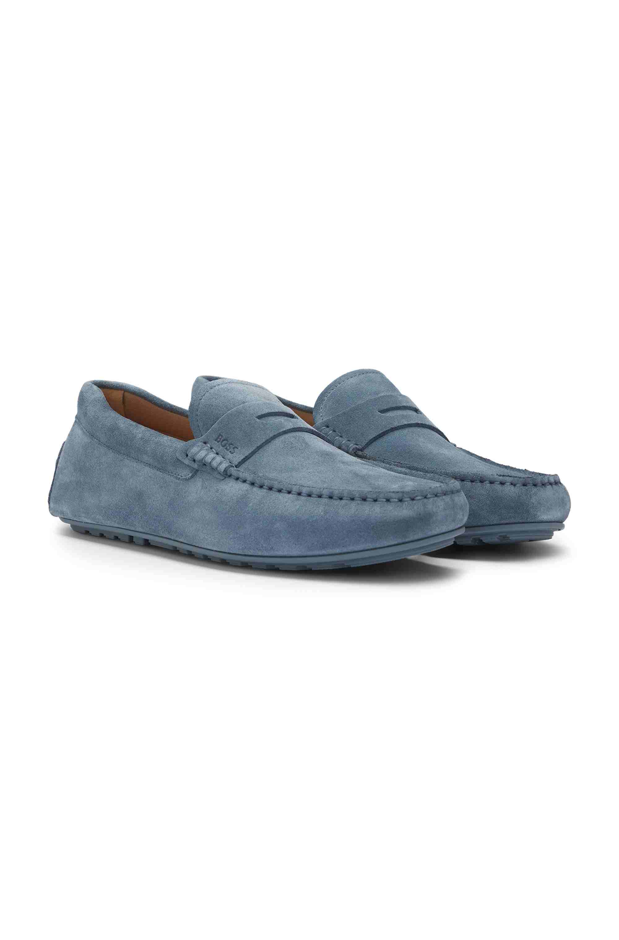 Portuguese-crafted moccasin loafers in suede with penny trim