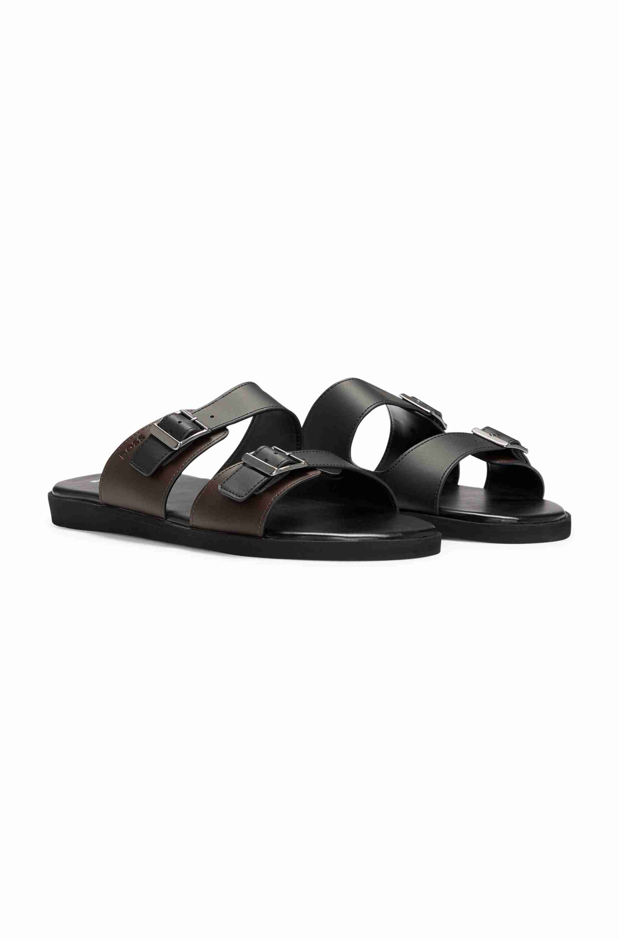 Buckled slides with twin faux-leather straps
