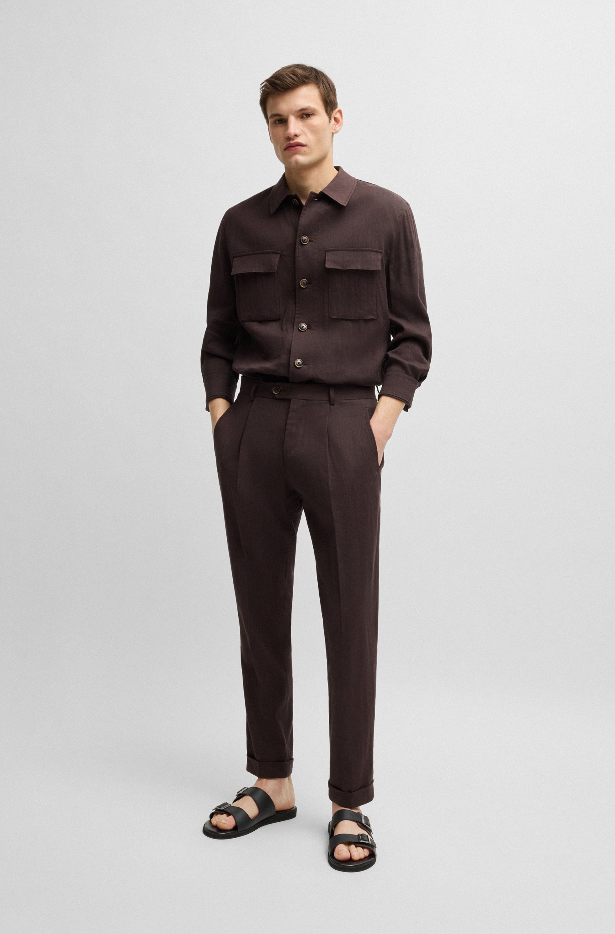 Buckled slides with twin faux-leather straps