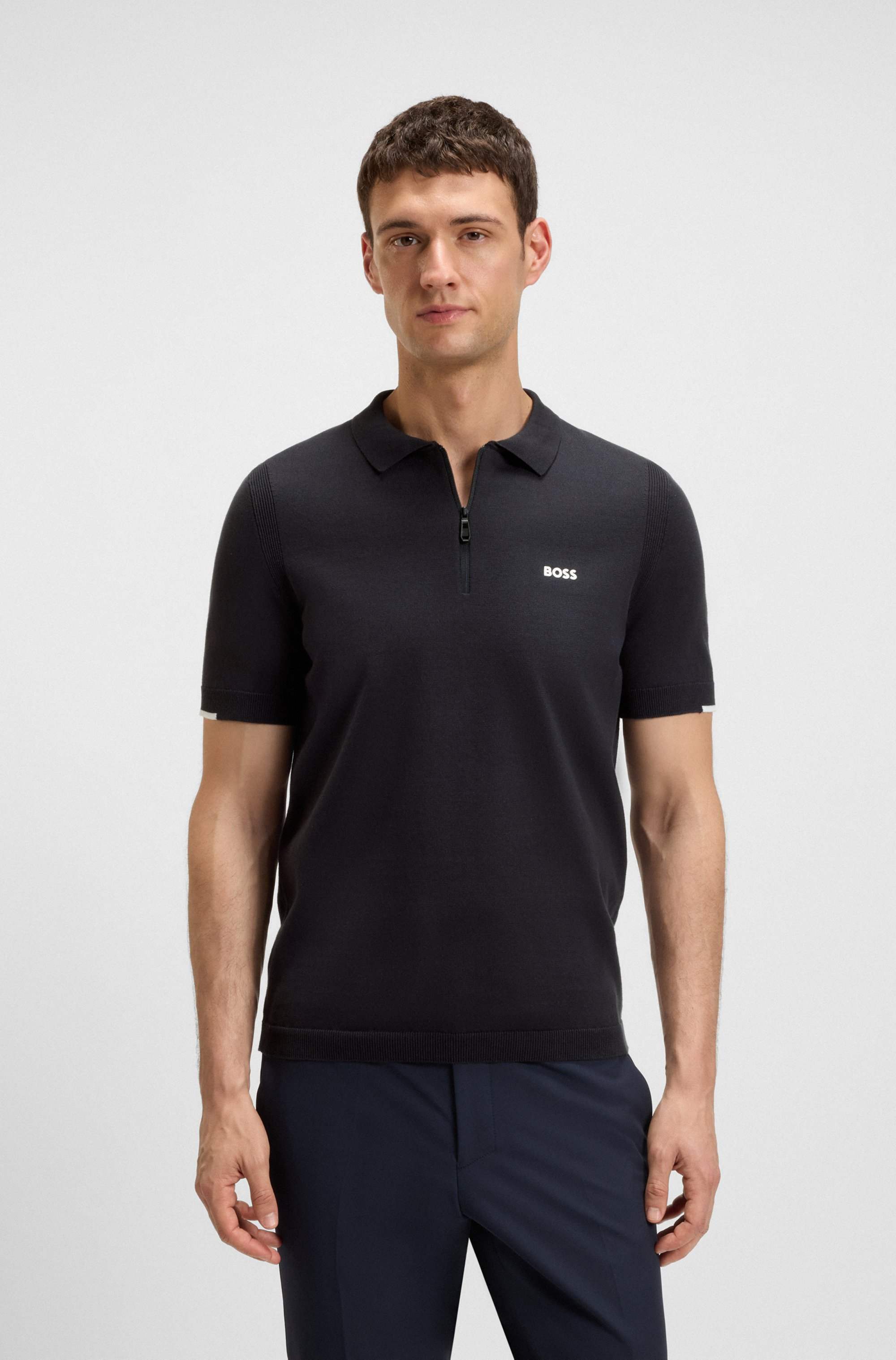 Zip-neck knit polo sweater in cotton