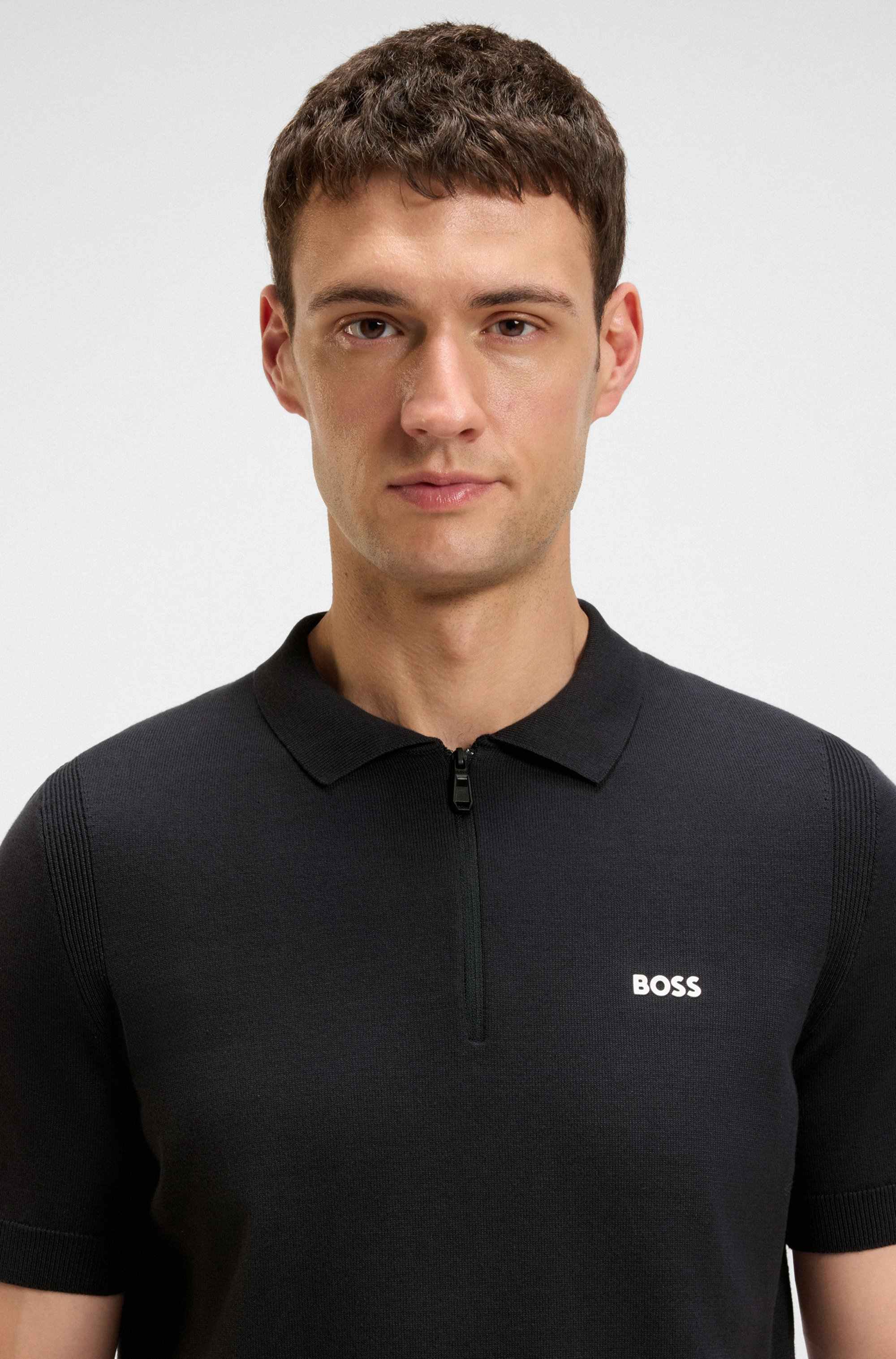 Zip-neck knit polo sweater in cotton