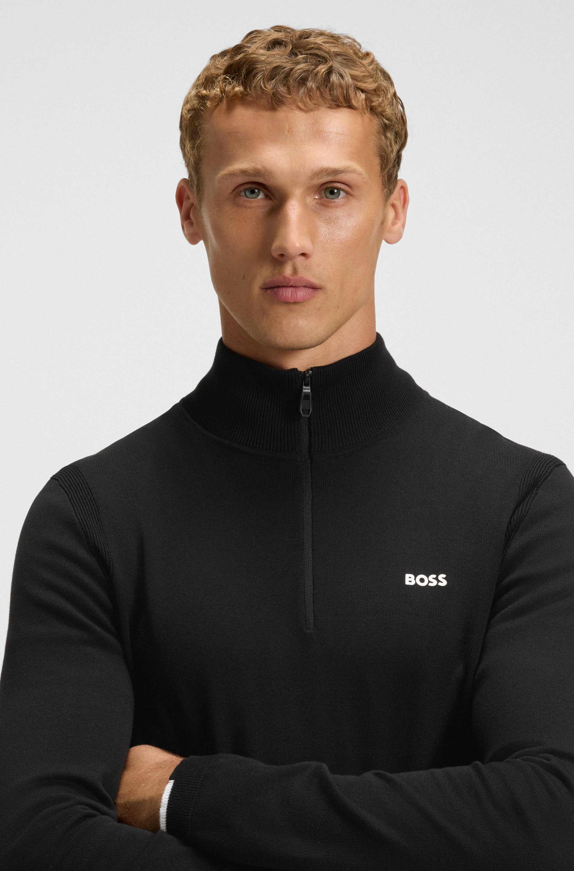 Zip-neck cotton sweater with logo print