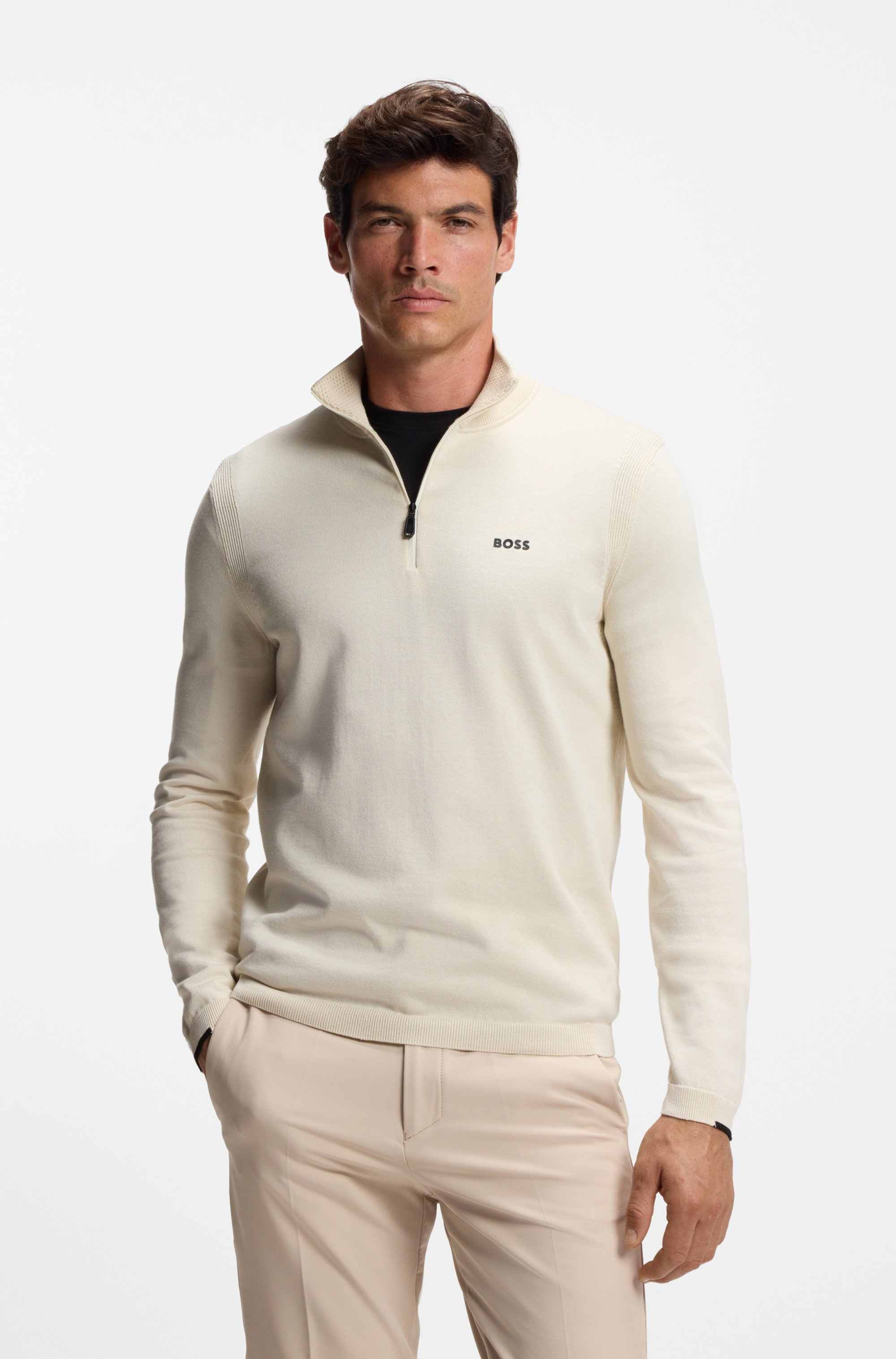 Zip-neck cotton sweater with logo print