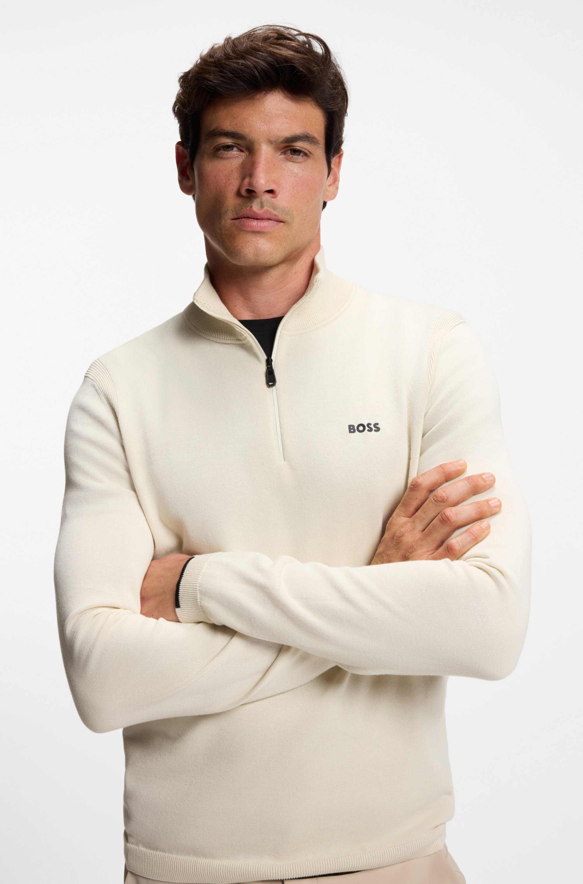 Zip-neck cotton sweater with logo print