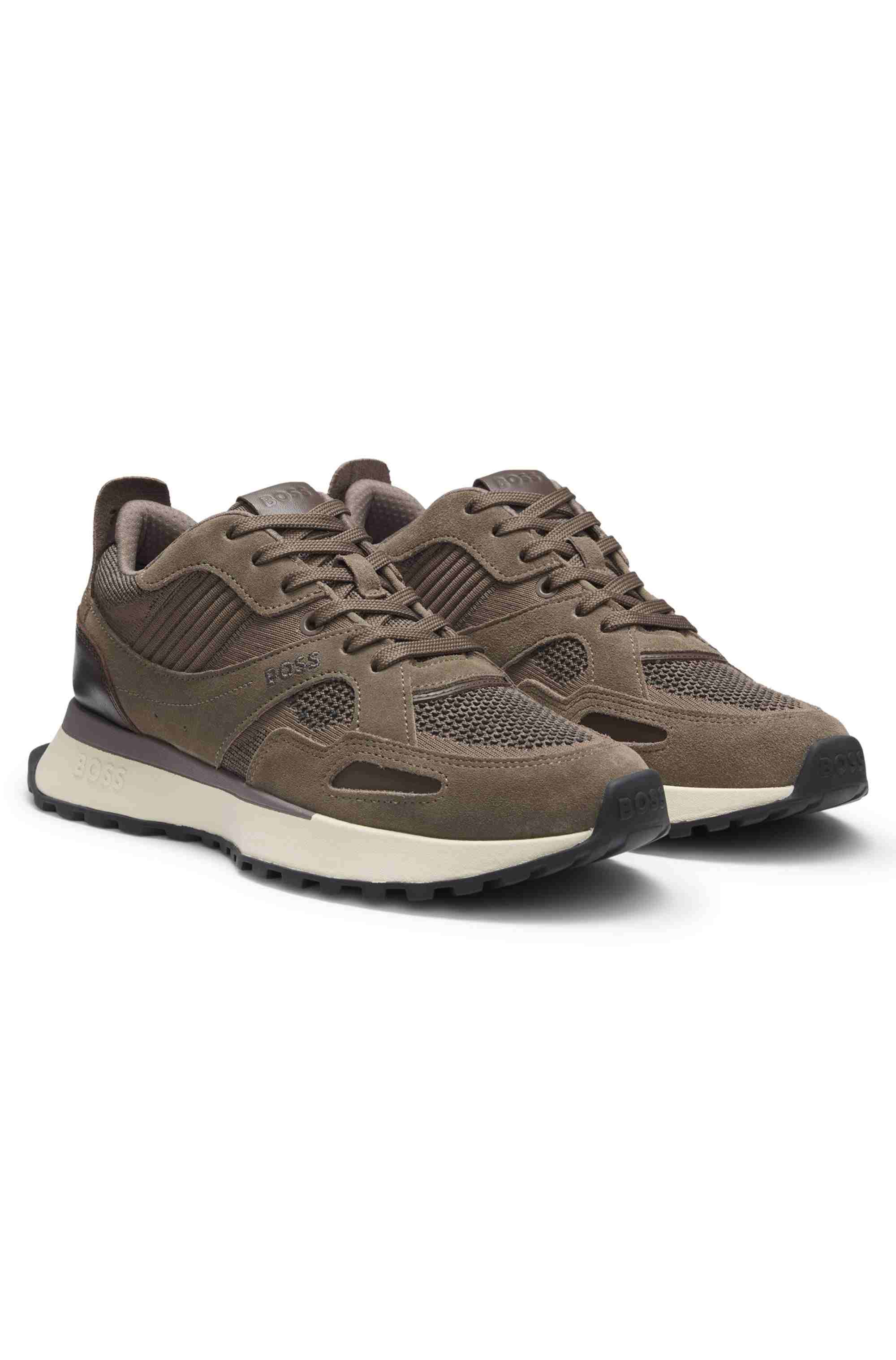 Trainers with knit and burnished-leather trims