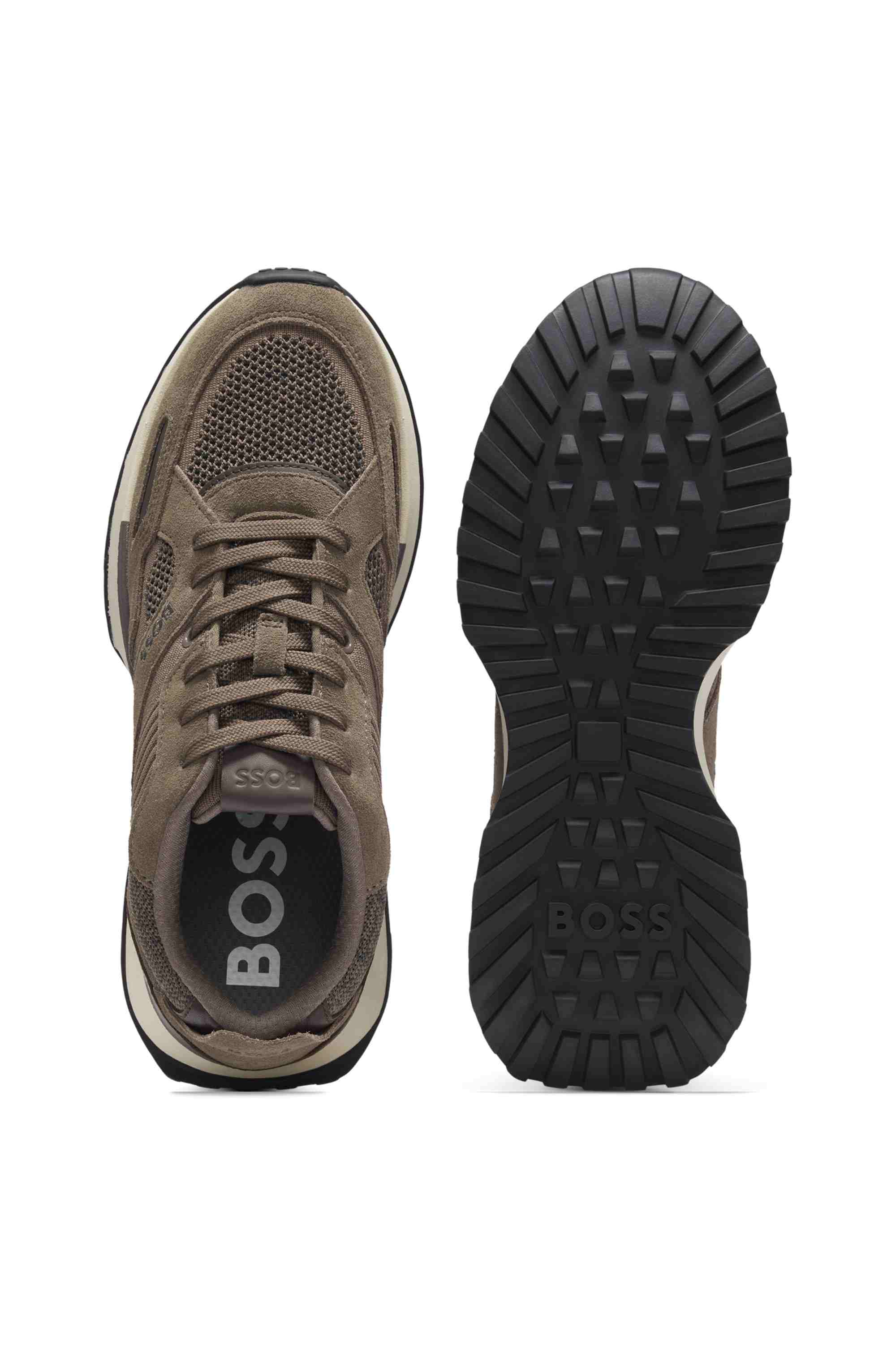 Trainers with knit and burnished-leather trims