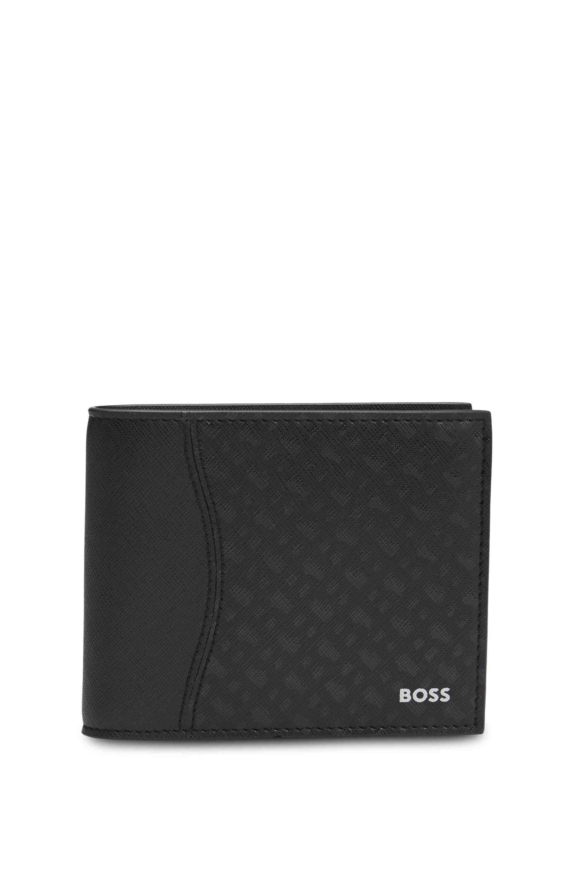 Structured trifold wallet with monogram pattern
