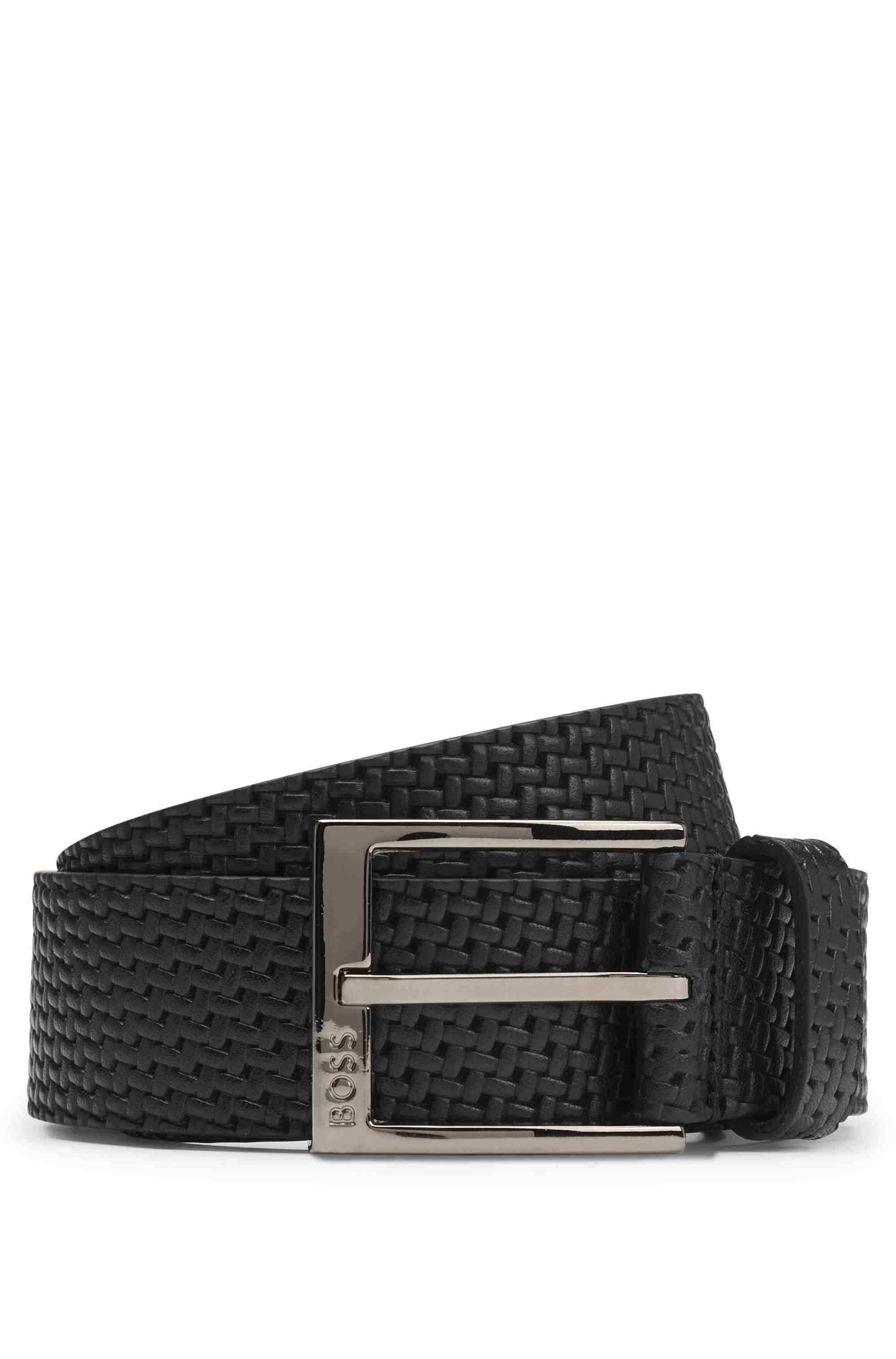 Leather belt with woven effect