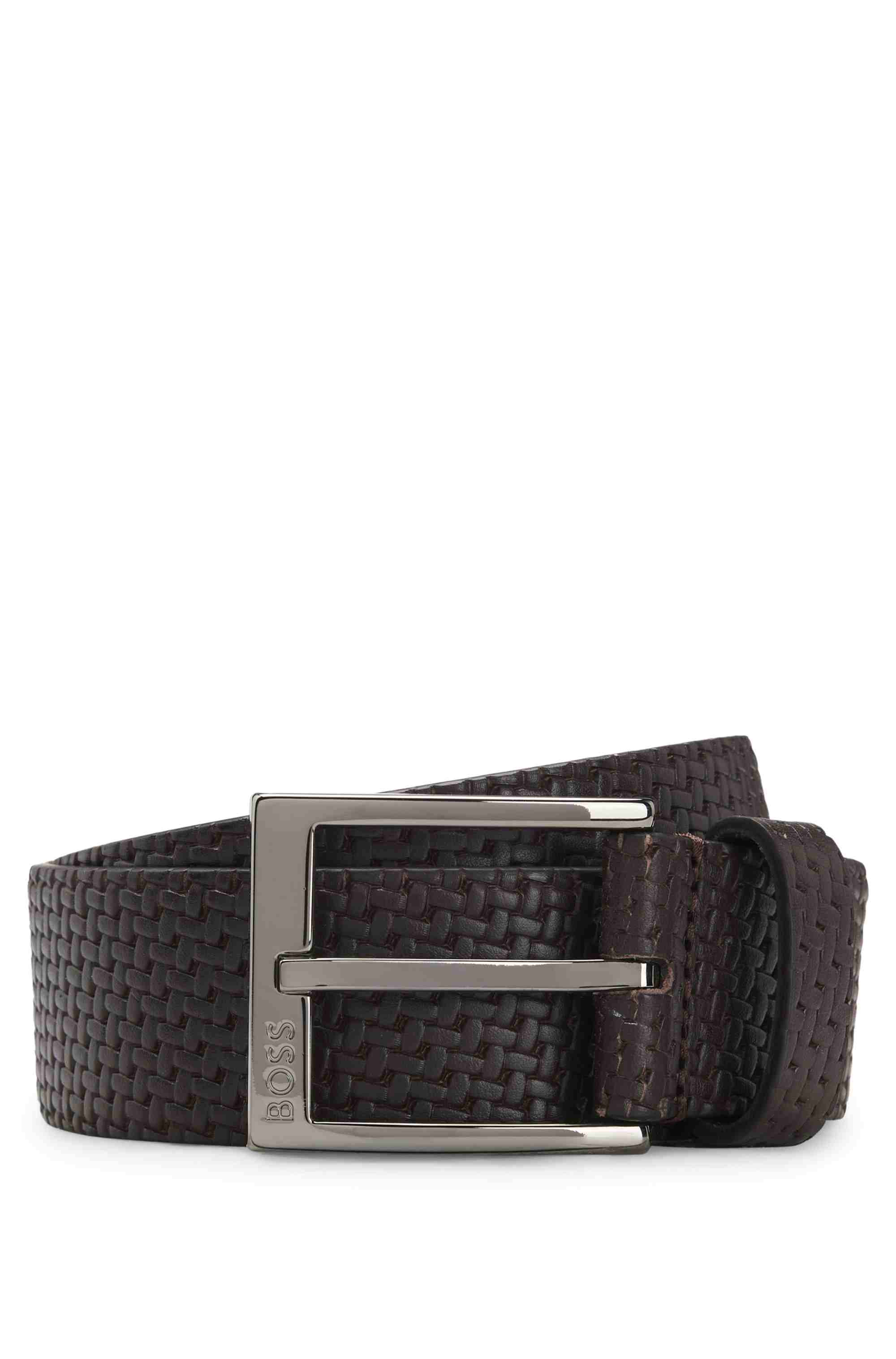 Leather belt with woven effect