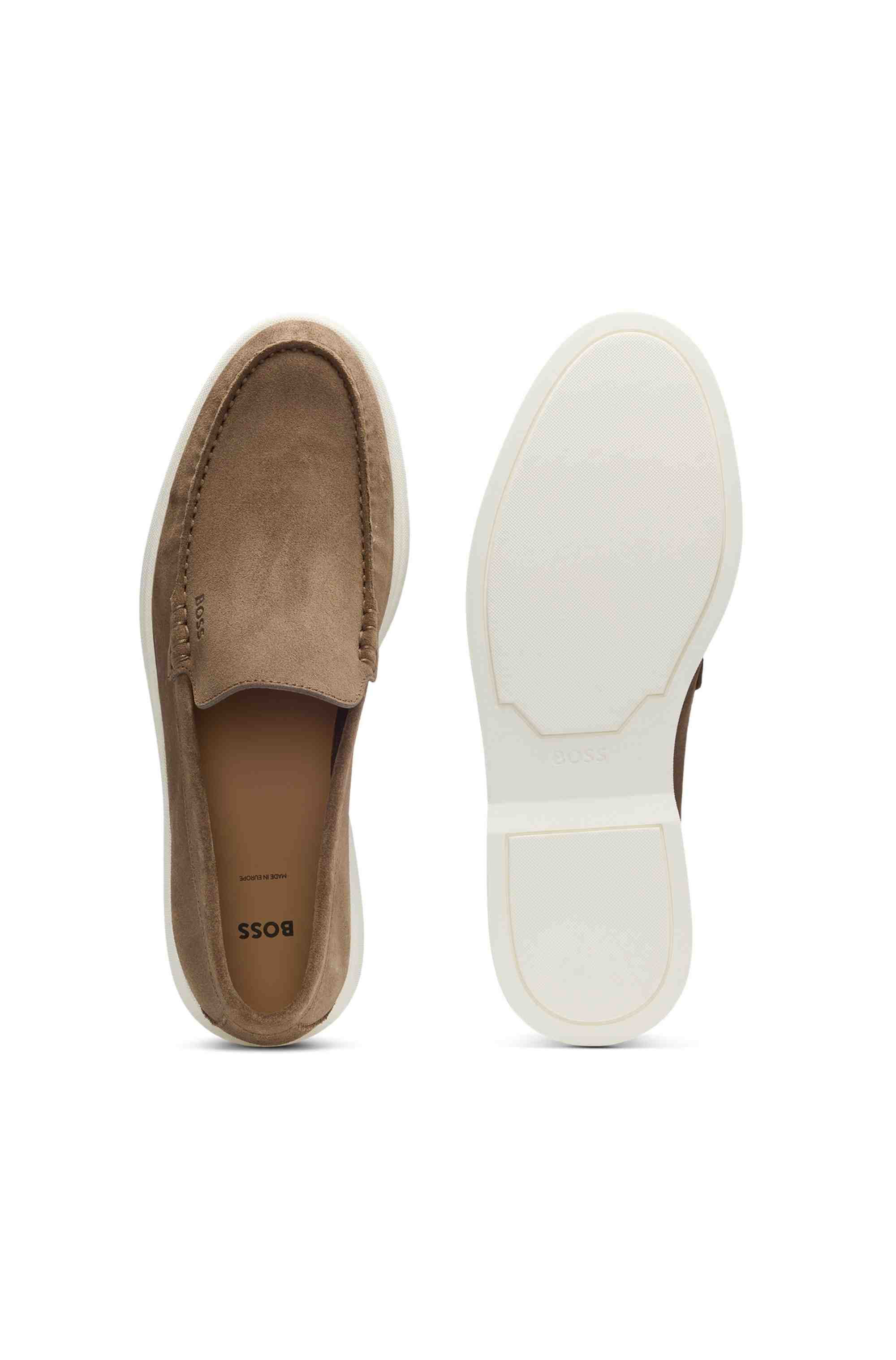 Suede loafers with embossed logo