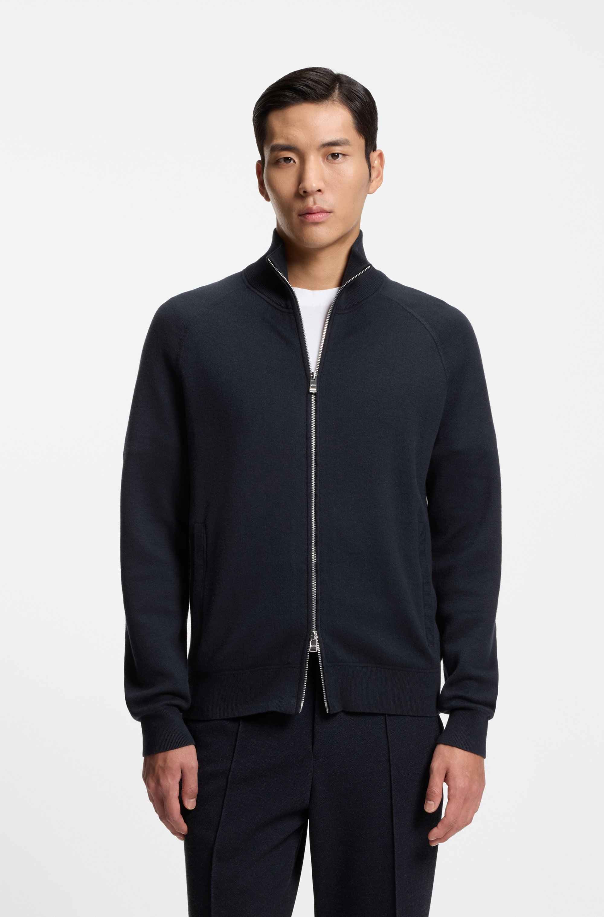 Zip-up cardigan in cotton and virgin wool