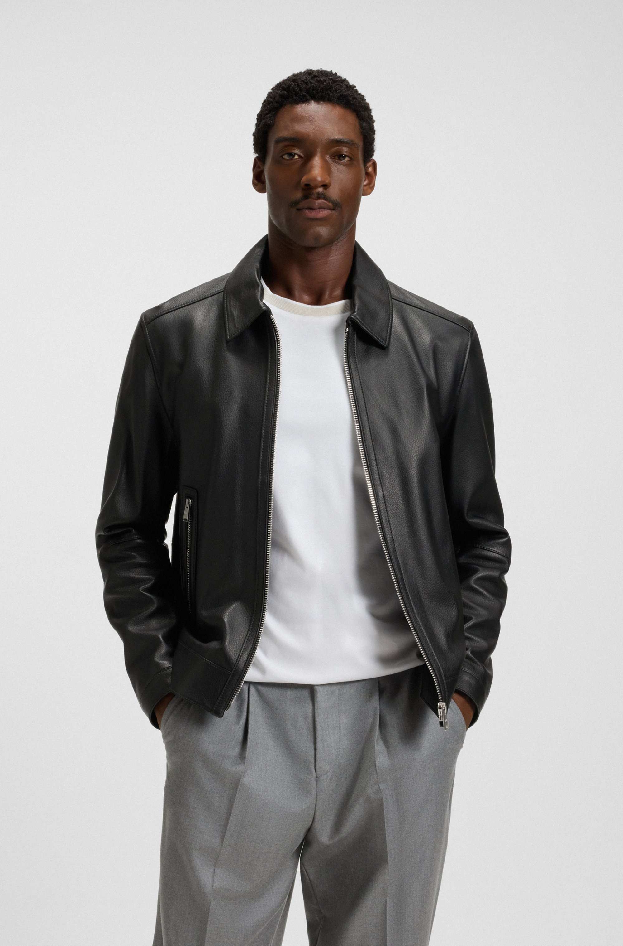 Regular-fit leather jacket with zip closure