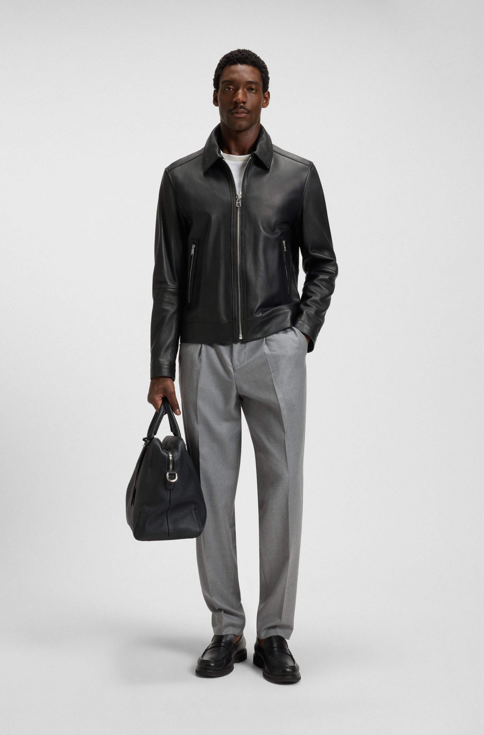 Regular-fit leather jacket with zip closure