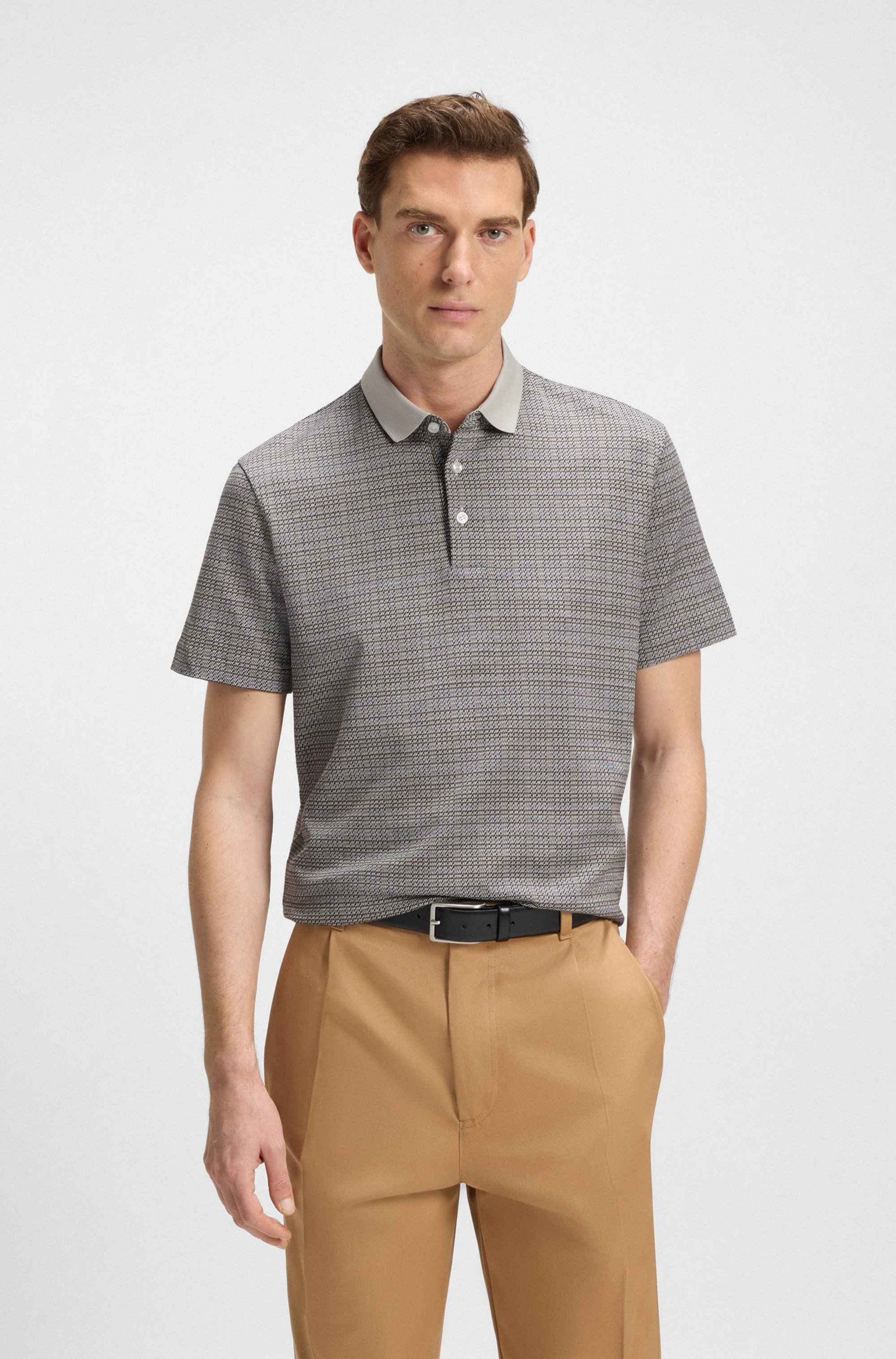 Mercerised-cotton polo shirt with grid pattern