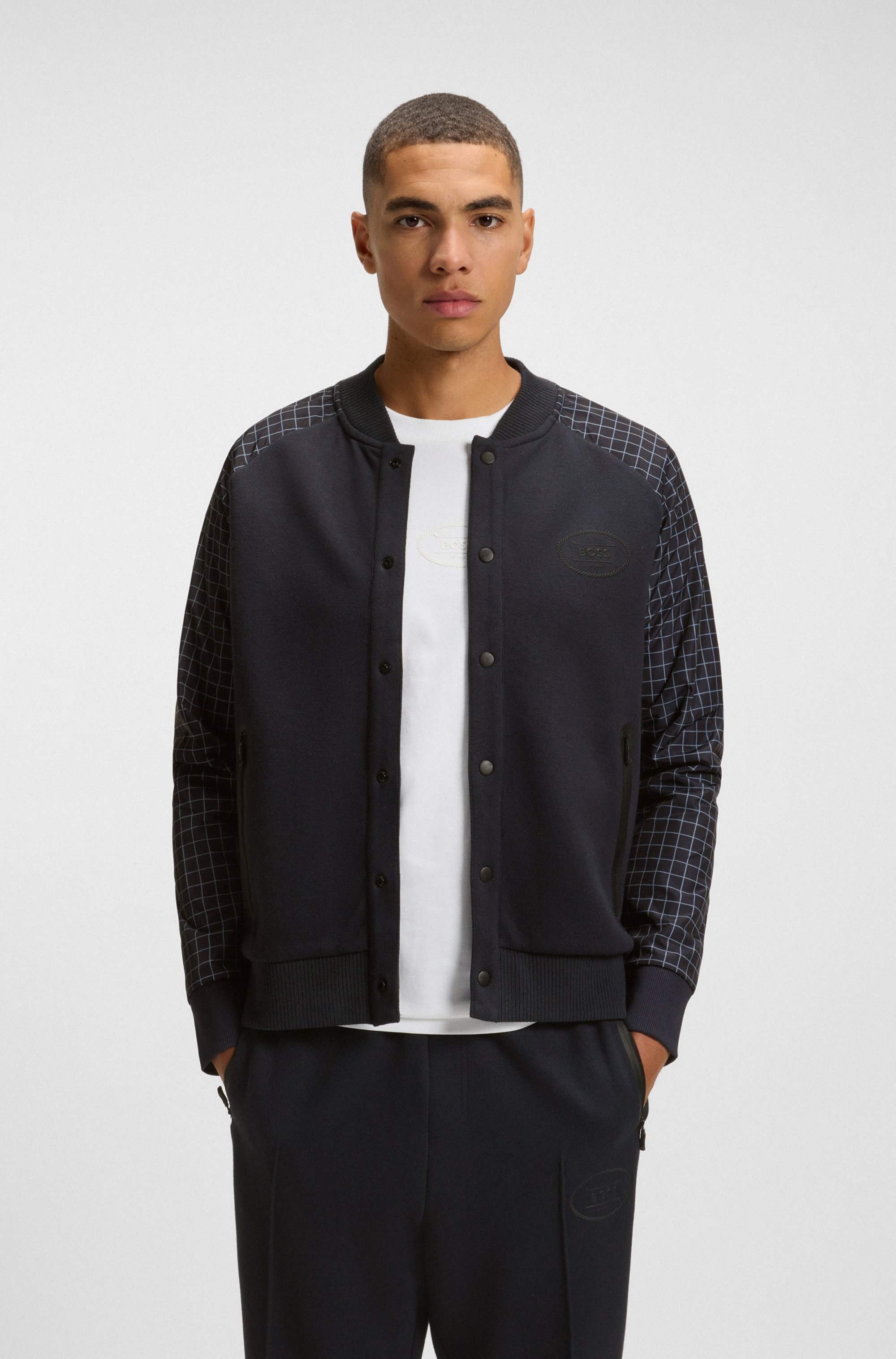 Check-print sweatshirt with buttoned front