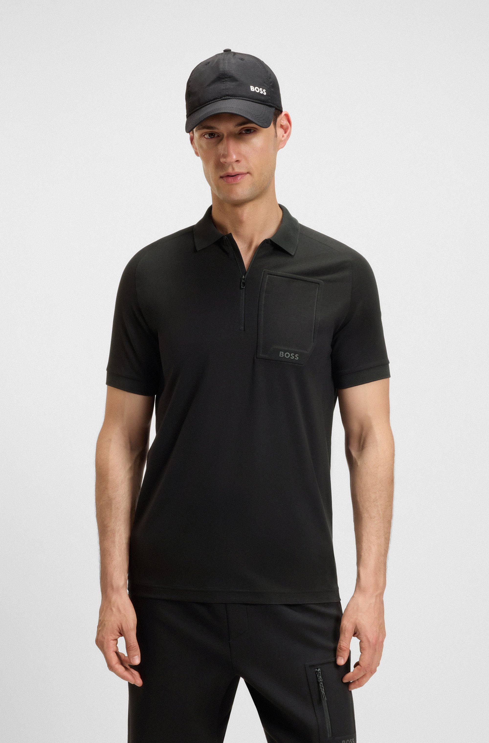 Zip-neck polo shirt in moisture-wicking stretch cotton