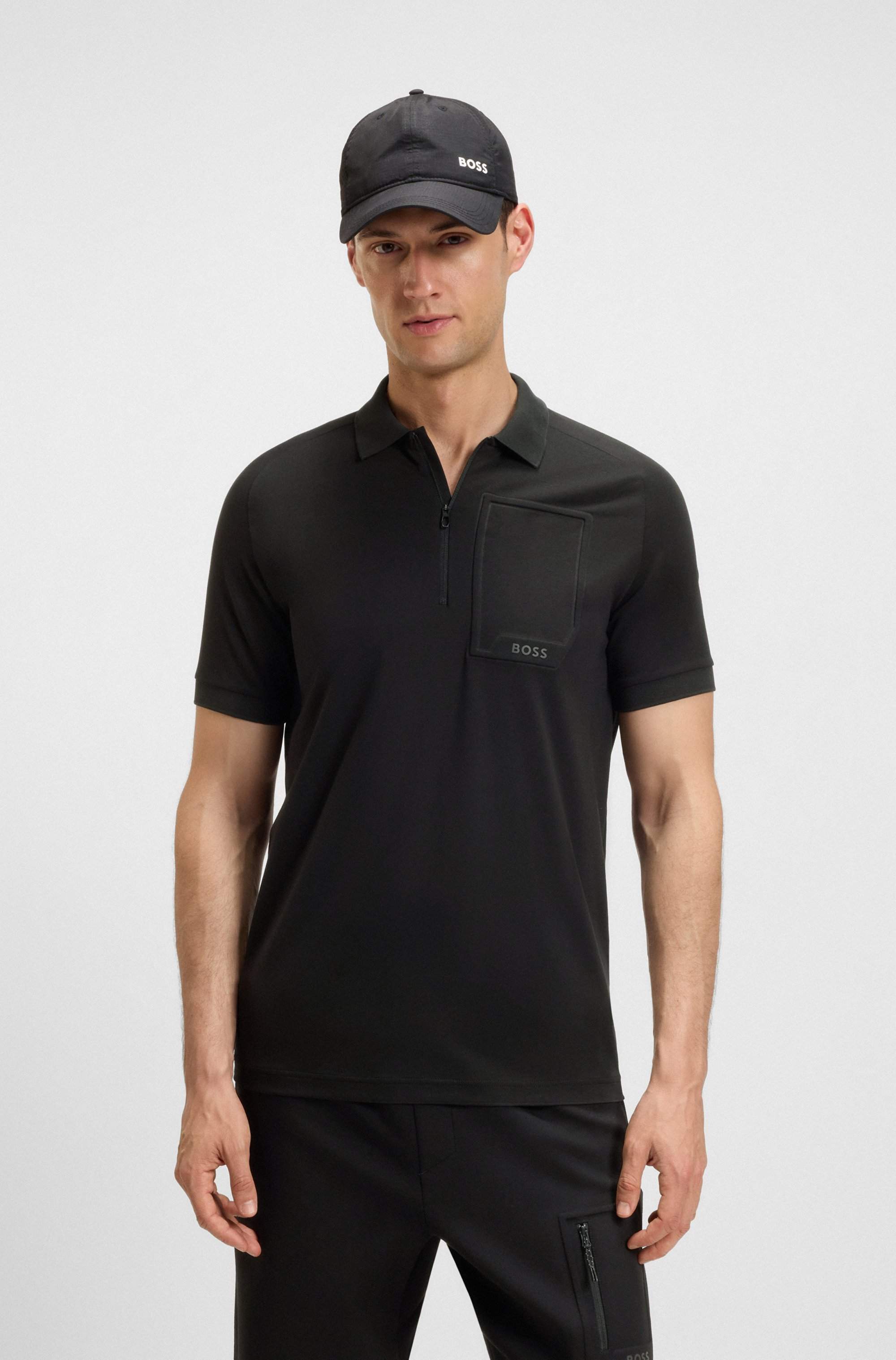 Zip-neck polo shirt in moisture-wicking stretch cotton