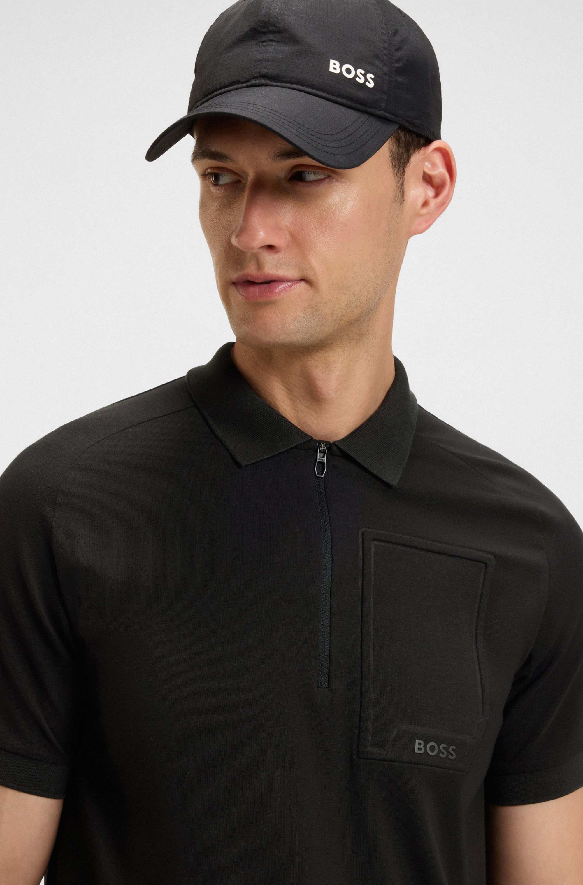 Zip-neck polo shirt in moisture-wicking stretch cotton