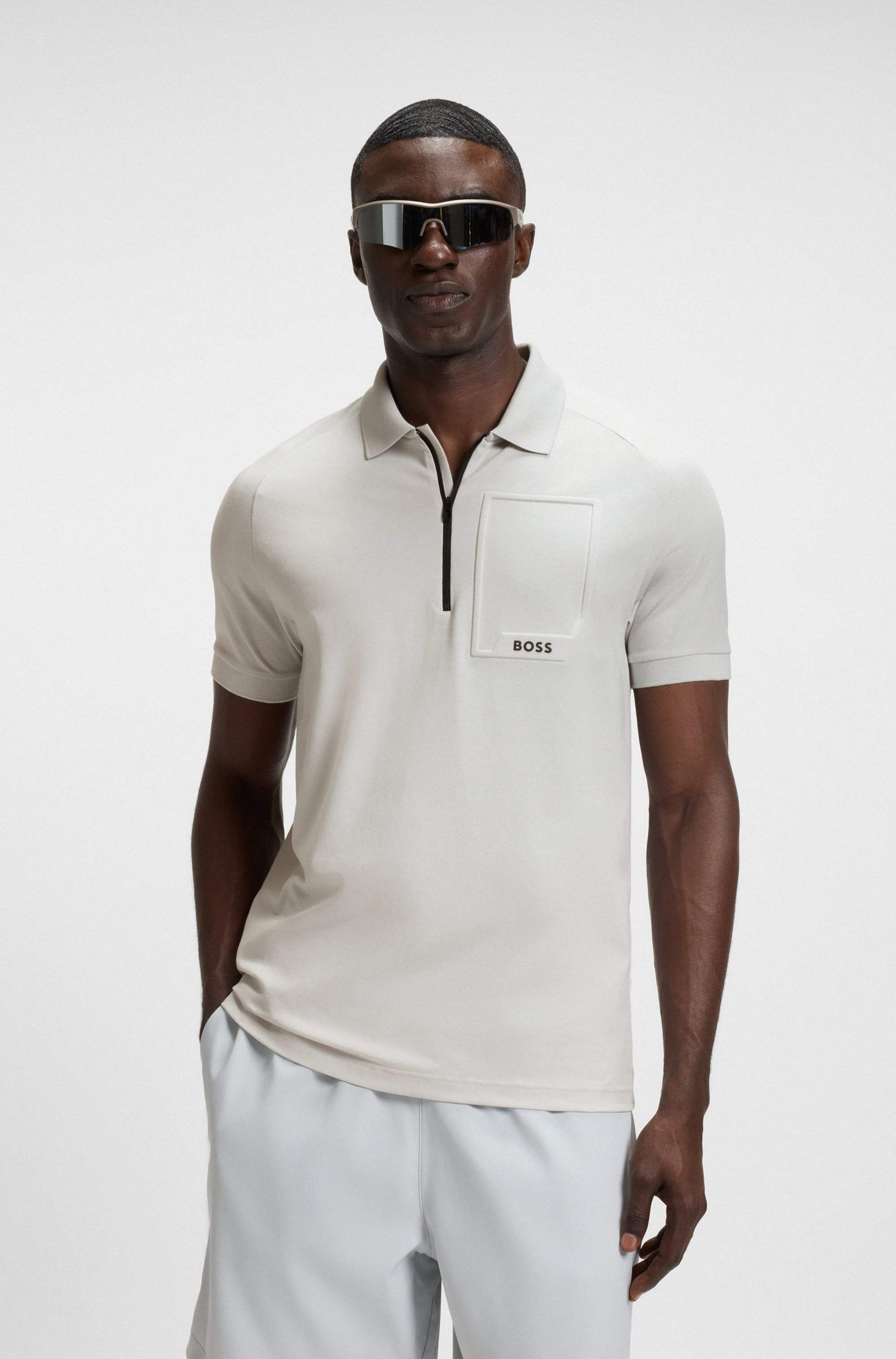 Zip-neck polo shirt in moisture-wicking stretch cotton