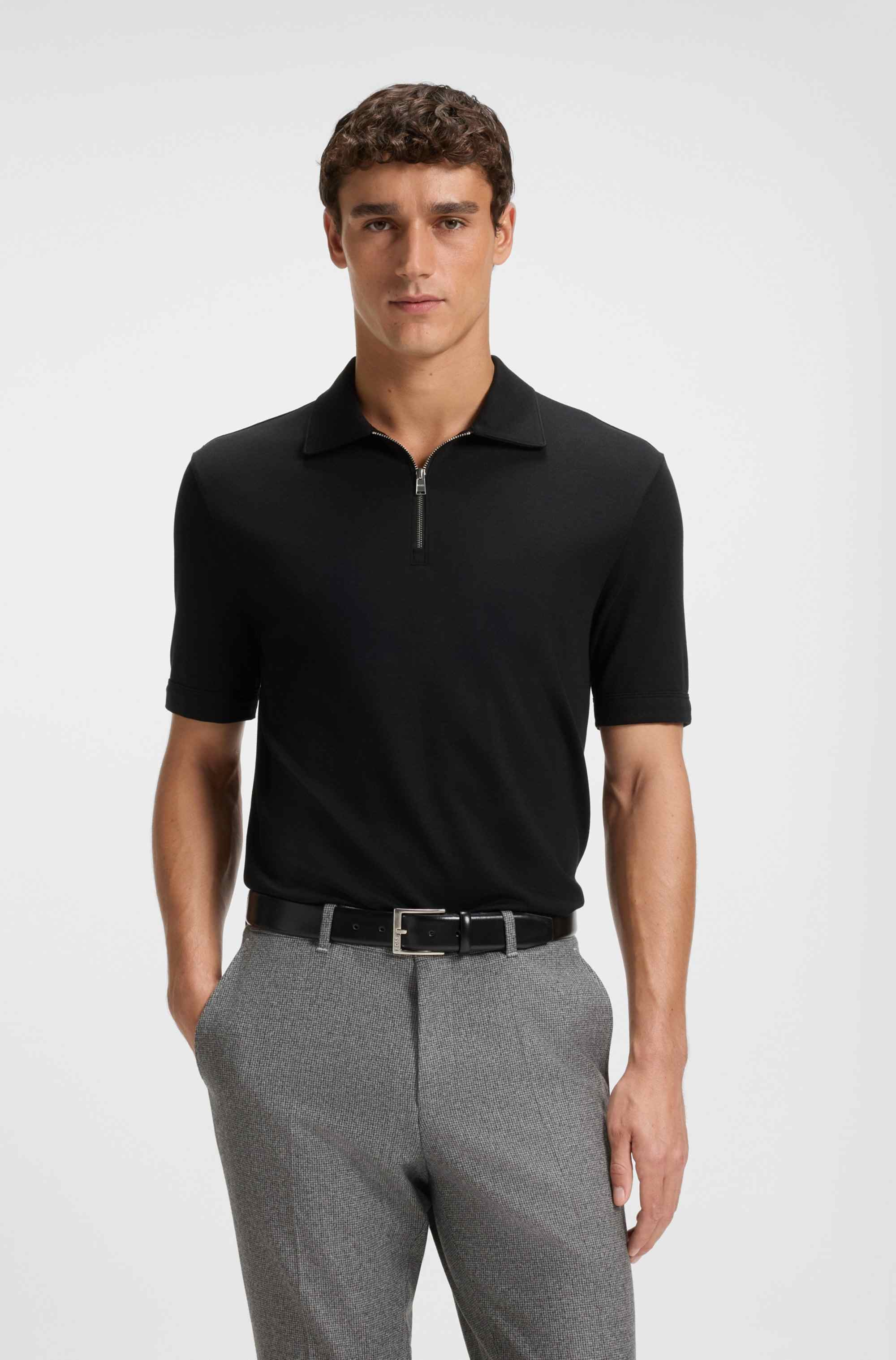 Zip-neck polo shirt with piqué weave