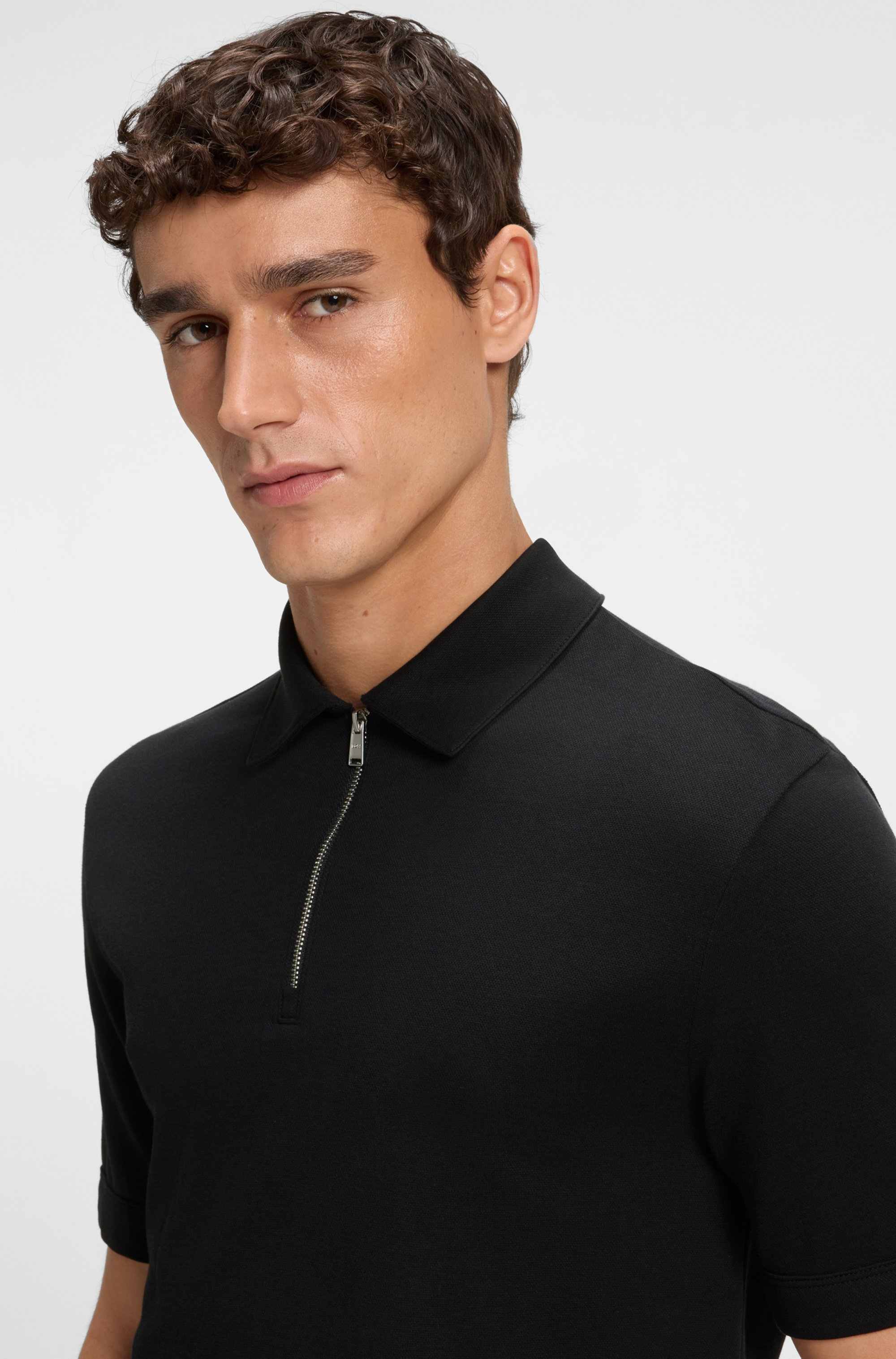Zip-neck polo shirt with piqué weave