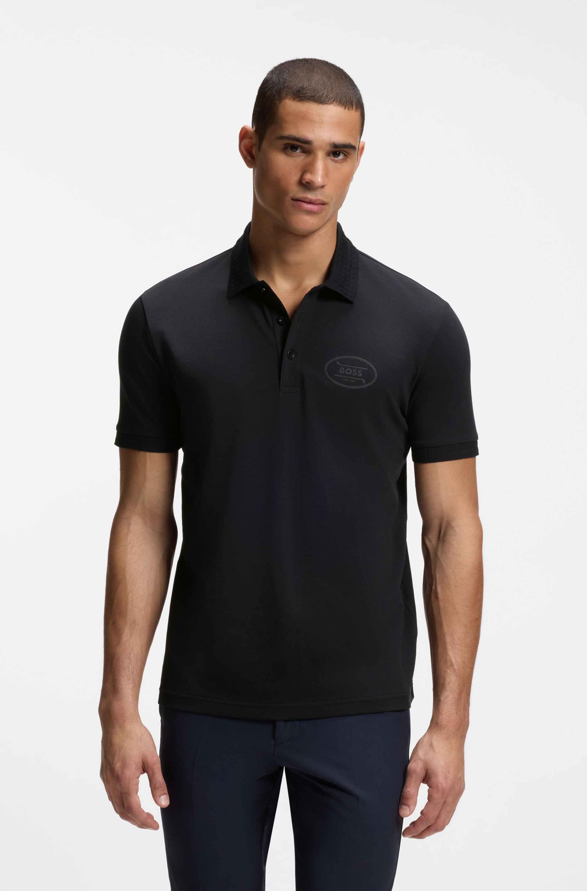 Cotton-blend polo shirt in moisture-wicking stretch piqué