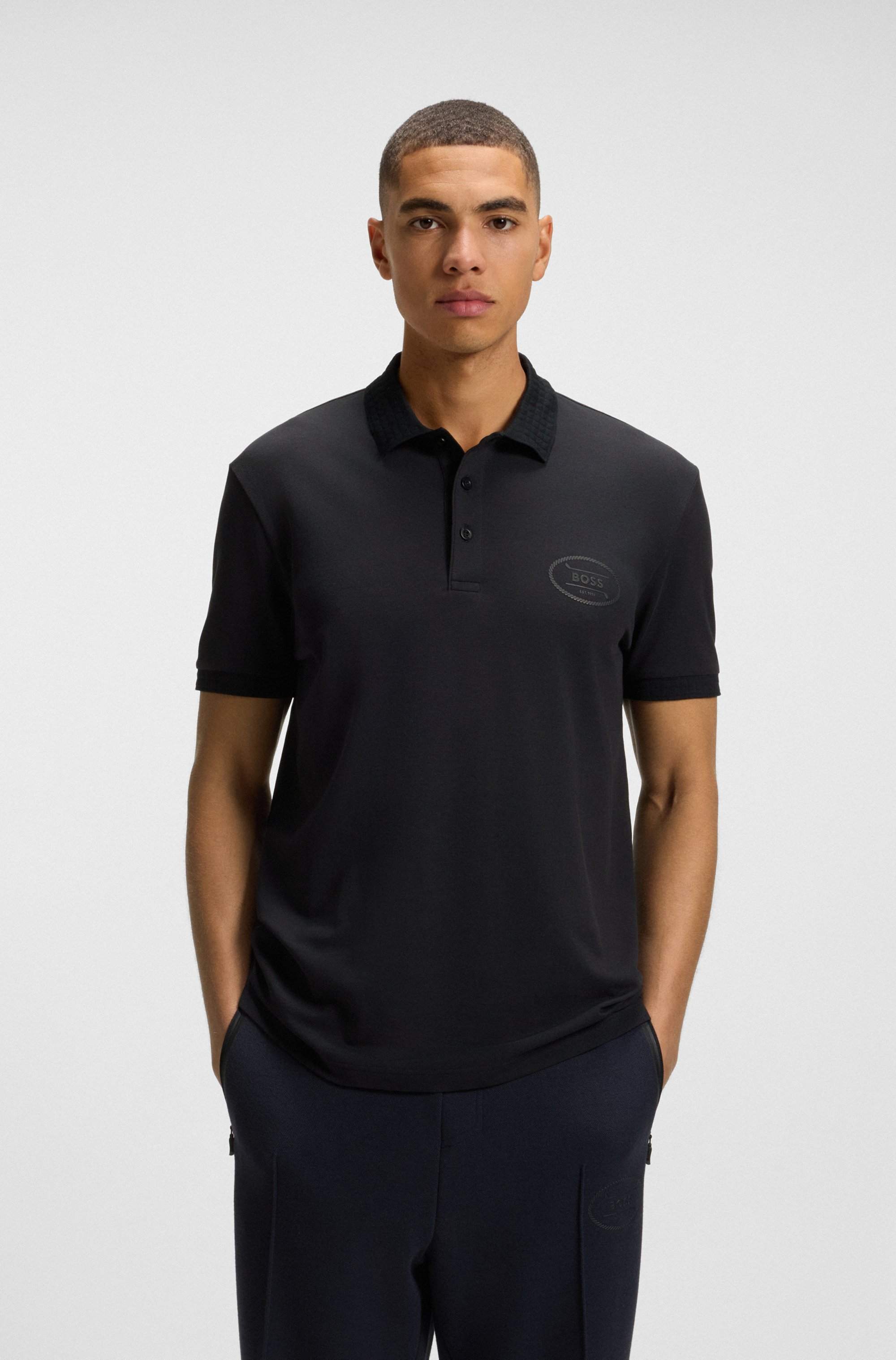 Cotton-blend polo shirt in moisture-wicking stretch piqué