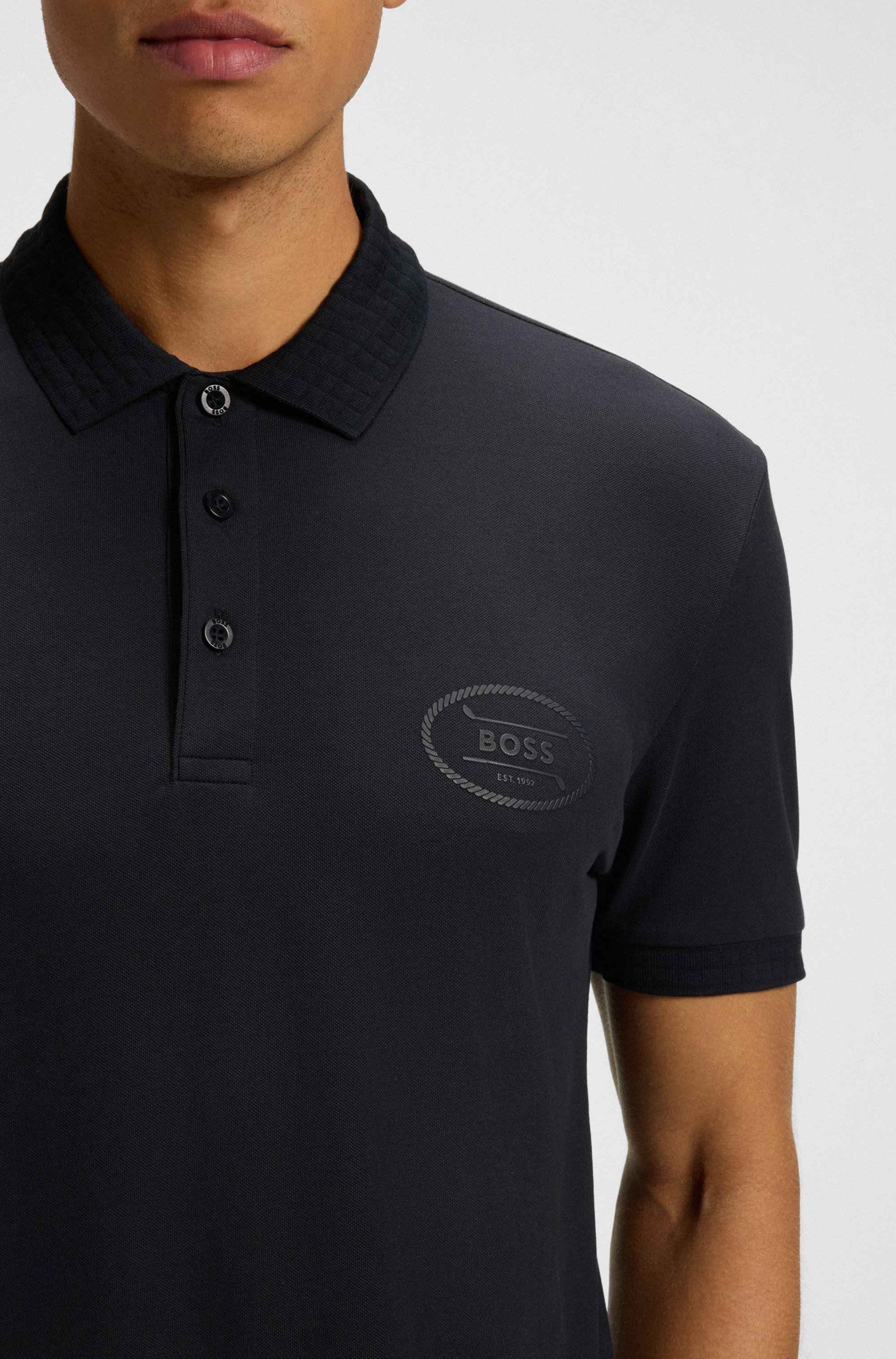 Cotton-blend polo shirt in moisture-wicking stretch piqué