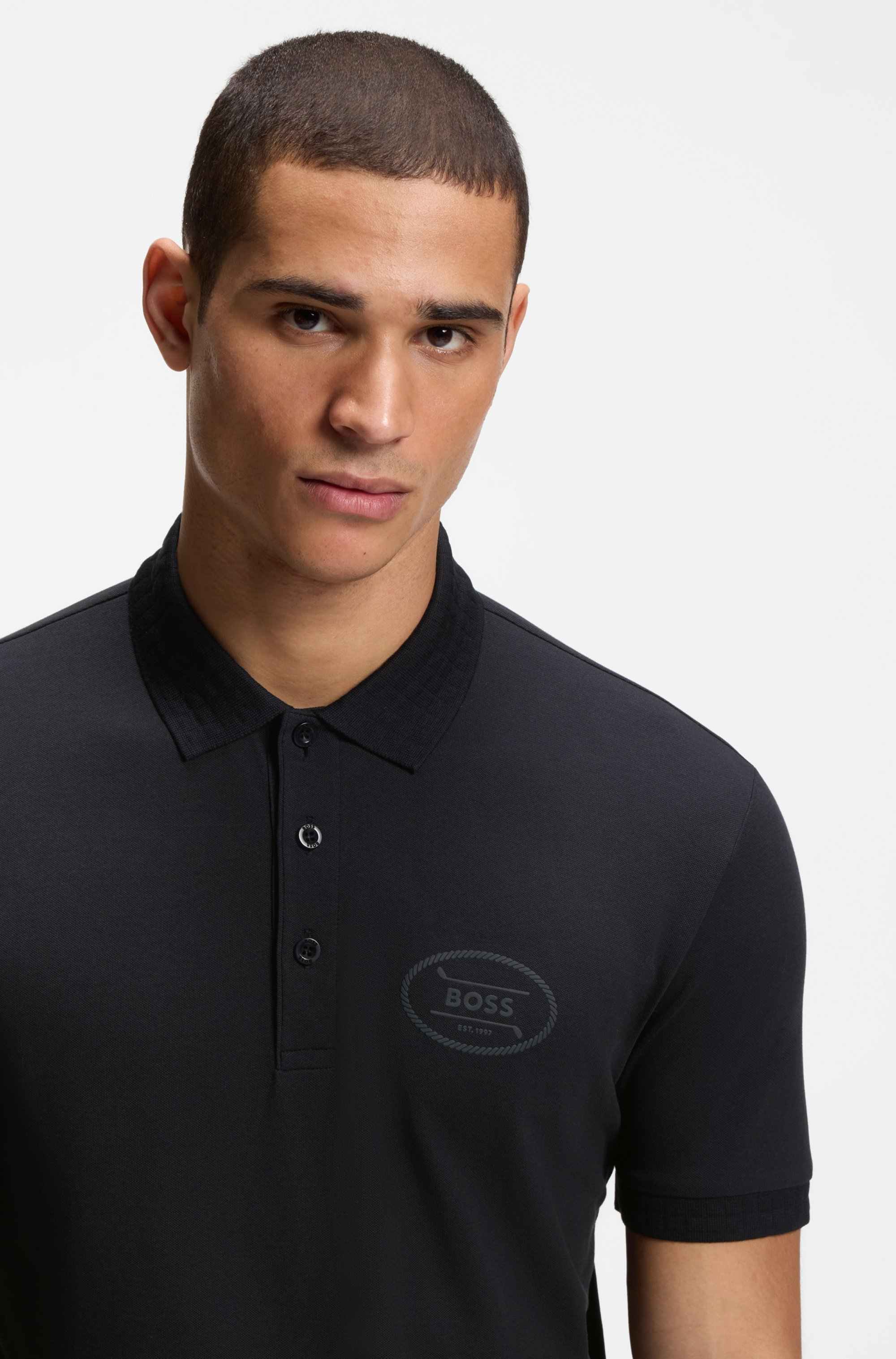 Cotton-blend polo shirt in moisture-wicking stretch piqué