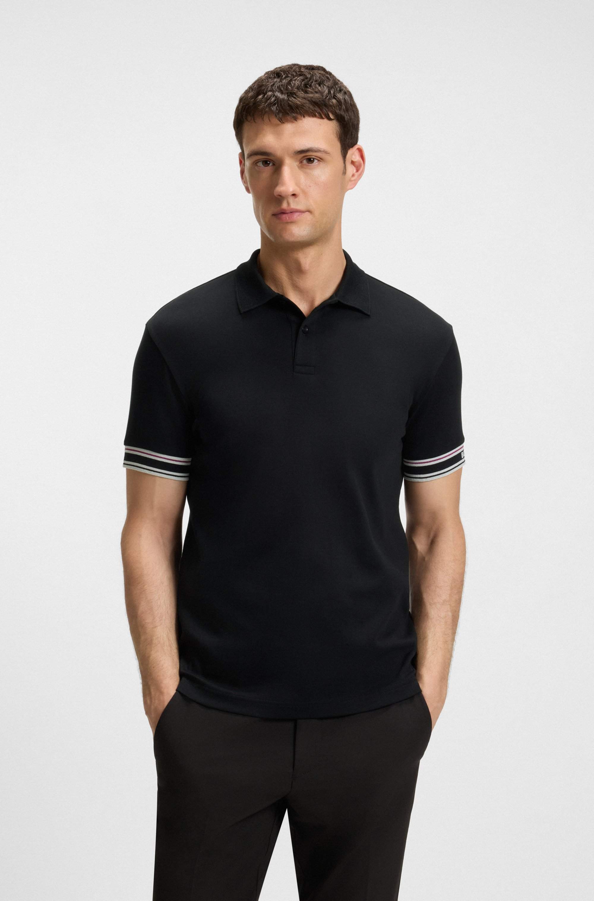 Slim-fit polo shirt in cotton with striped cuffs