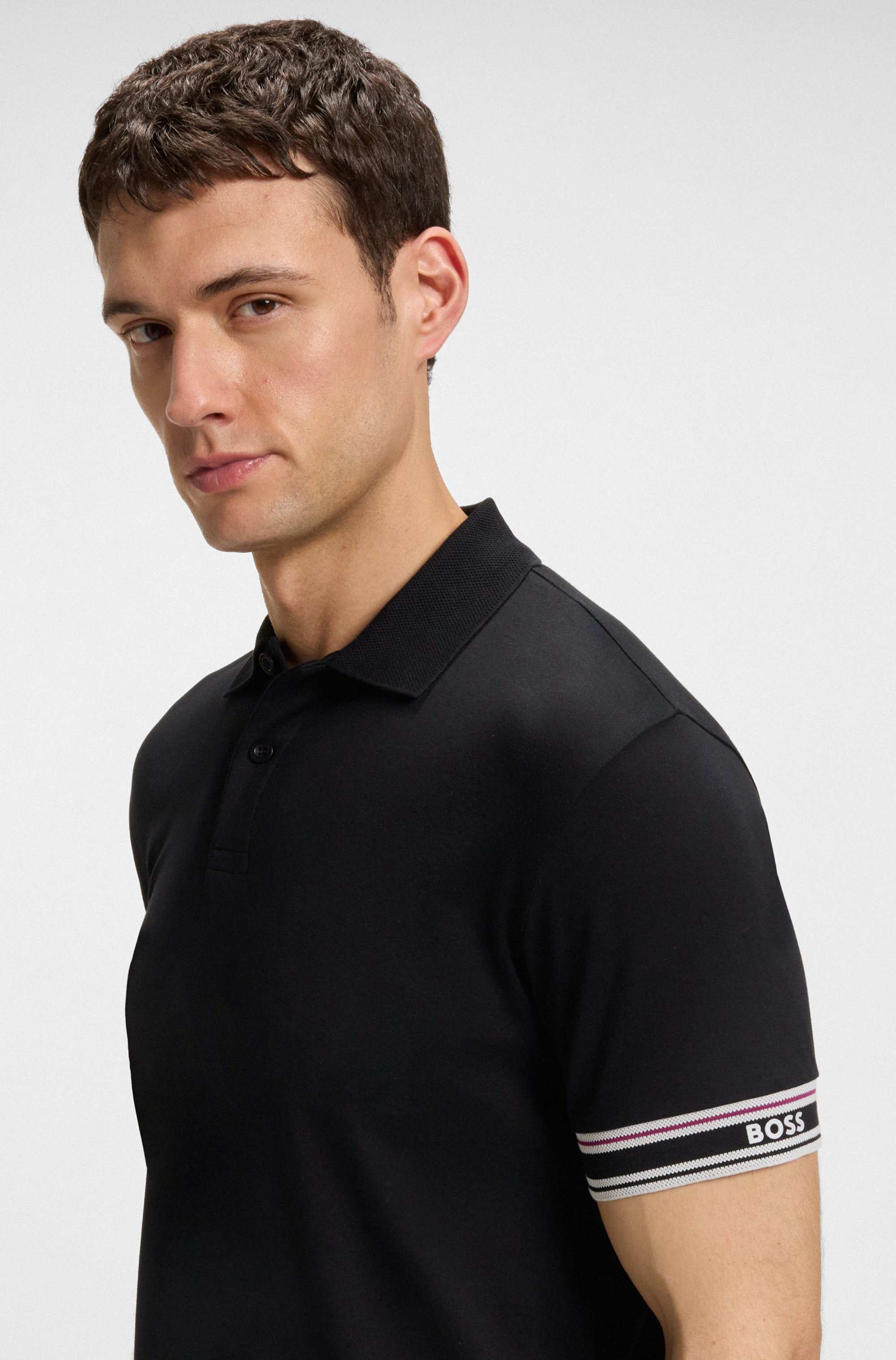 Slim-fit polo shirt in cotton with striped cuffs